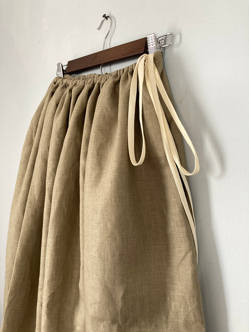 Drawstring Skirt, Linen, Olive Green, with Pockets
