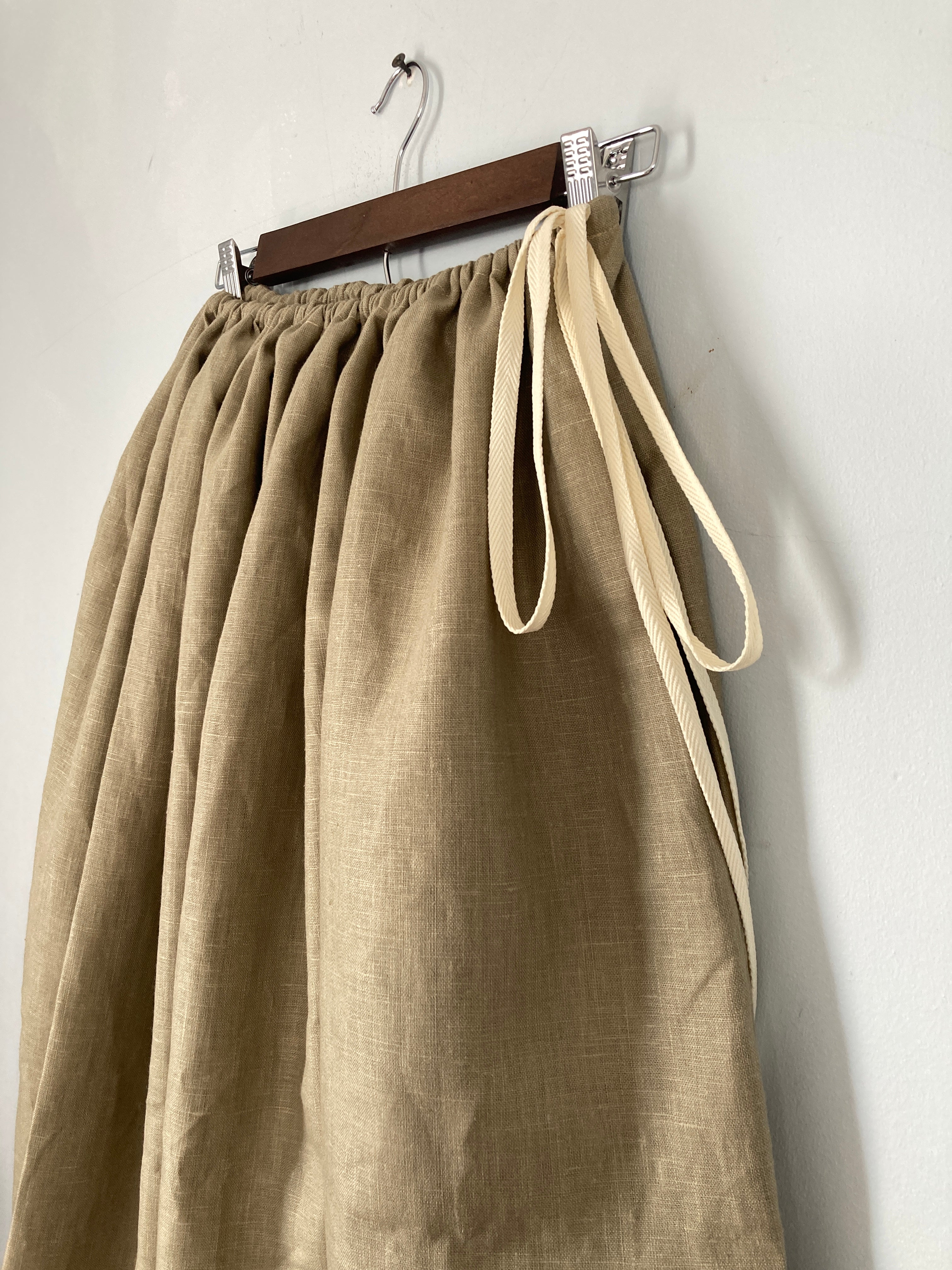 Drawstring Skirt, Linen, Olive Green, with Pockets