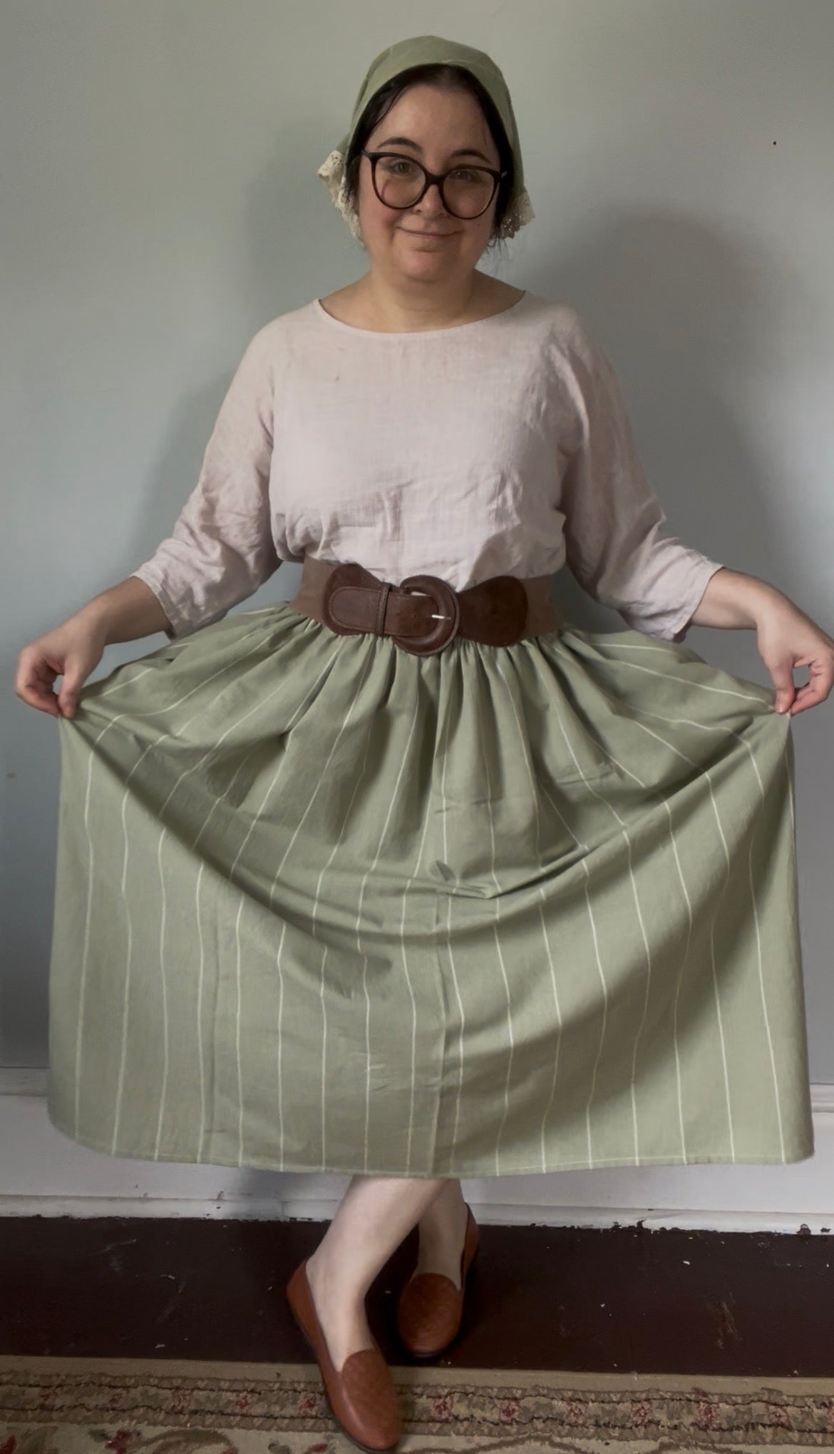 Drawstring Skirt, Homespun Cotton, Green Striped, with Pockets