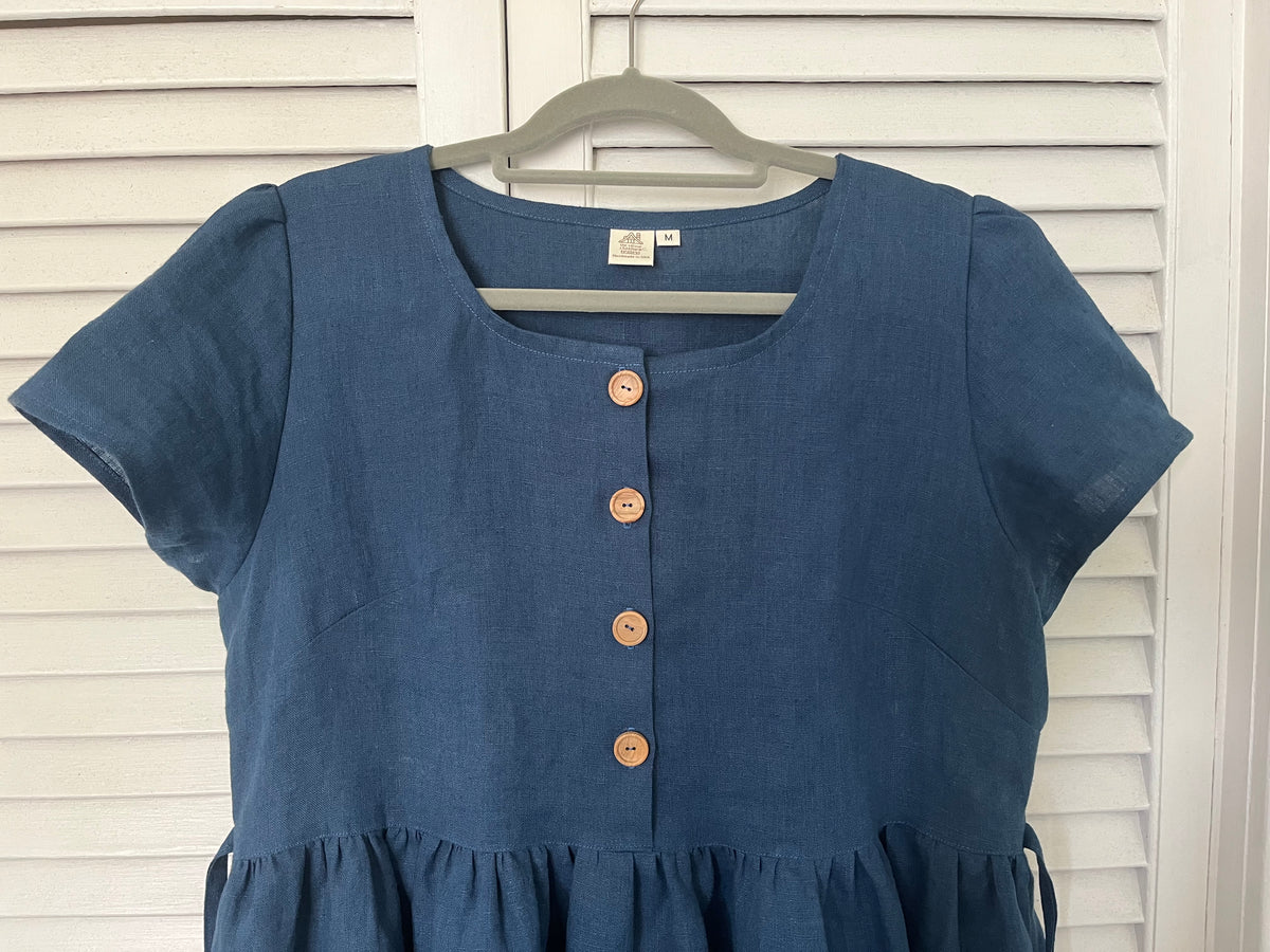 Village Dress, 100% Linen, Navy Blue, with Pockets