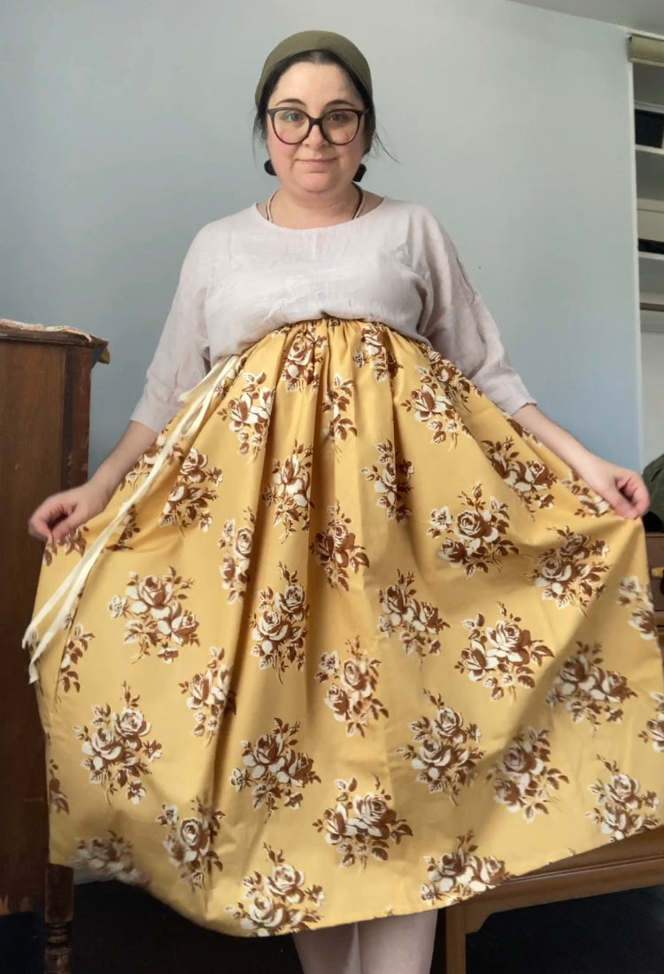 Drawstring Skirt, Cotton, Floral Gold, with Pockets