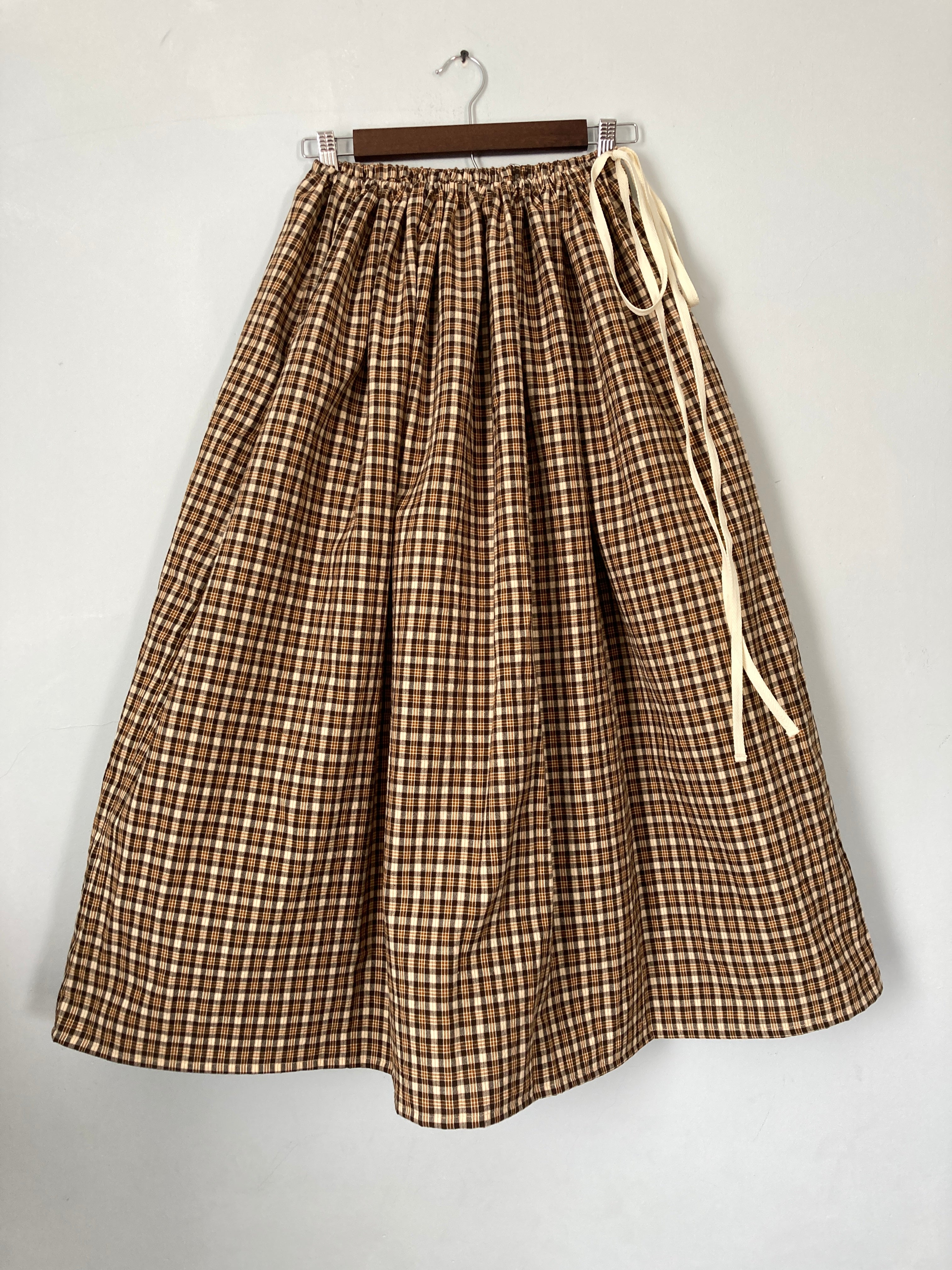 Drawstring Skirt, Homespun Cotton, Brown Plaid, with Pockets