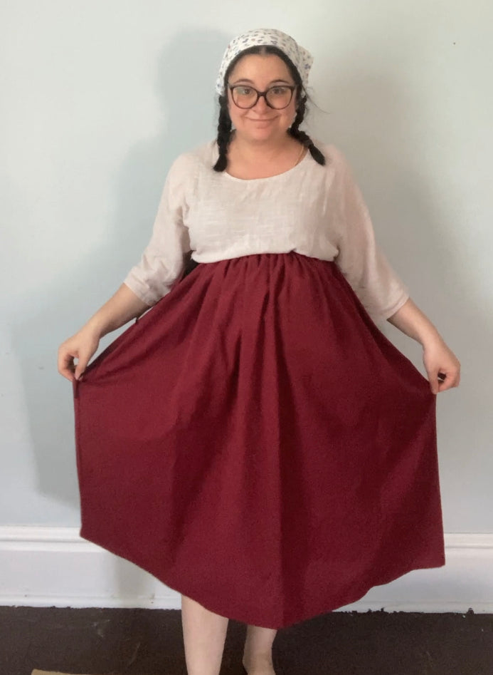 Drawstring Skirt, Homespun Cotton, Red Wine, with Pockets