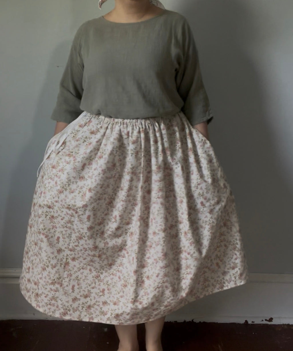 Drawstring Skirt, Cotton, White Dainty Floral, with Pockets