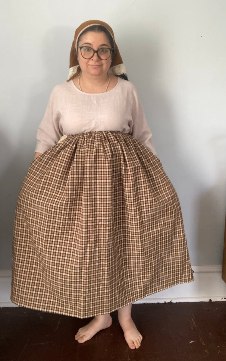 Drawstring Skirt, Homespun Cotton, Brown Plaid, with Pockets