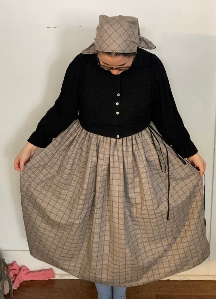 Drawstring Skirt, Cotton, Grey Plaid, with Pockets