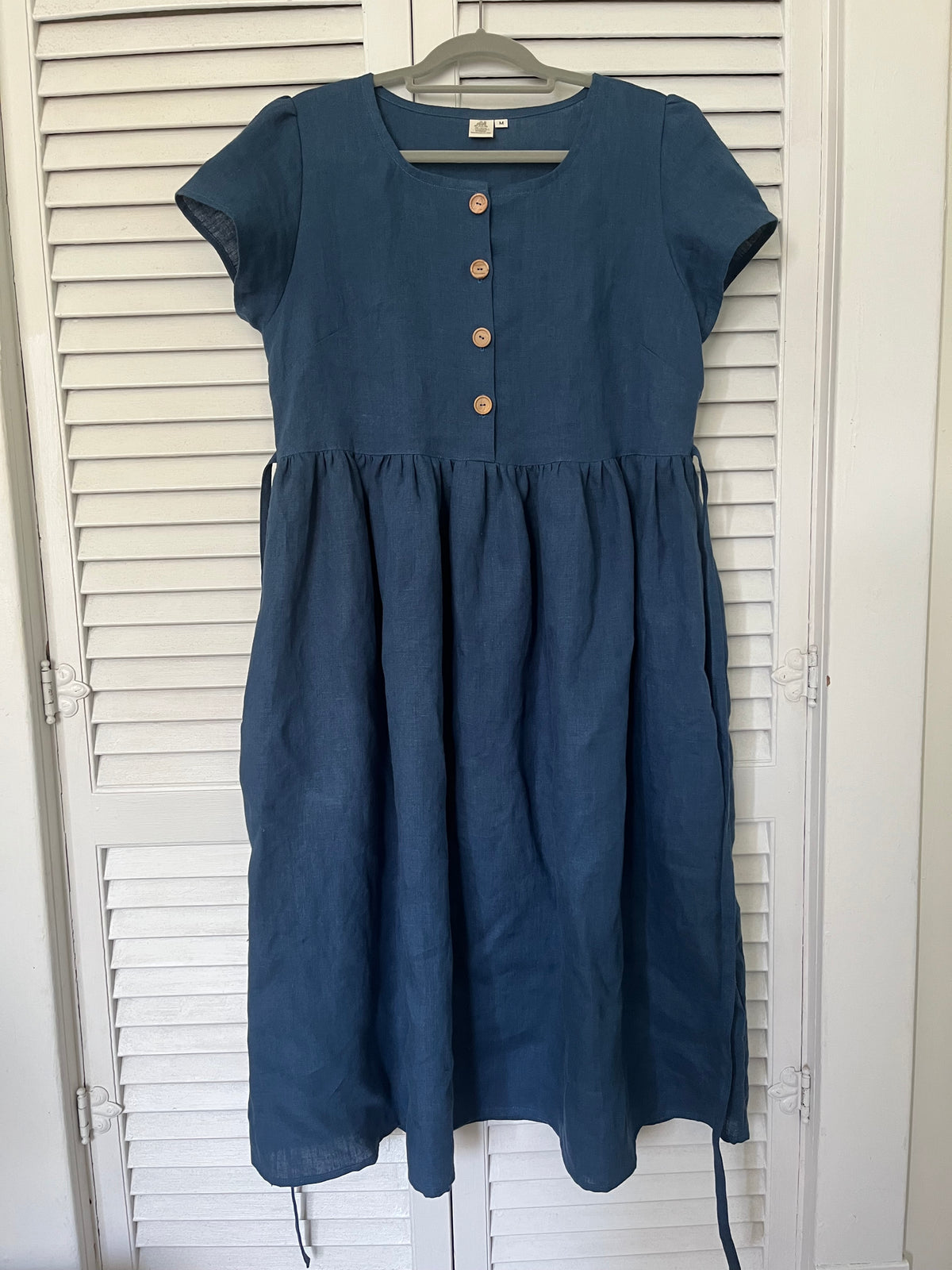 Village Dress, 100% Linen, Navy Blue, with Pockets