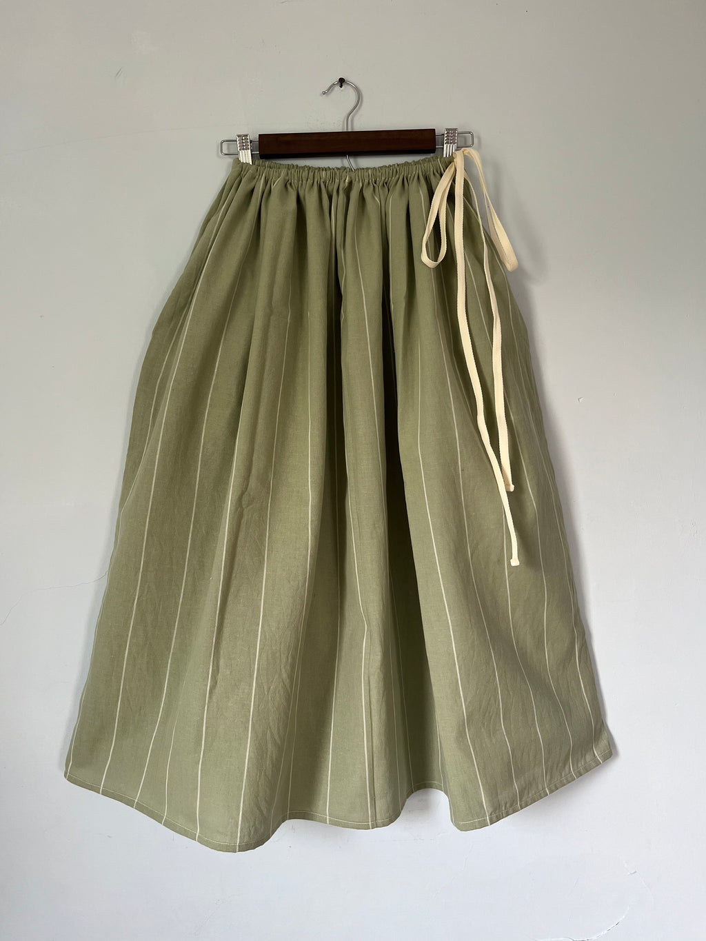 Drawstring Skirt, Homespun Cotton, Green Striped, with Pockets