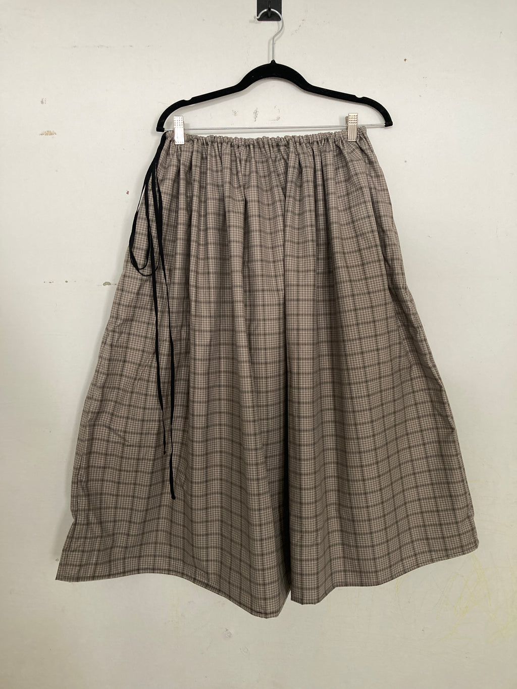 Drawstring Skirt, Cotton, Grey Plaid, with Pockets