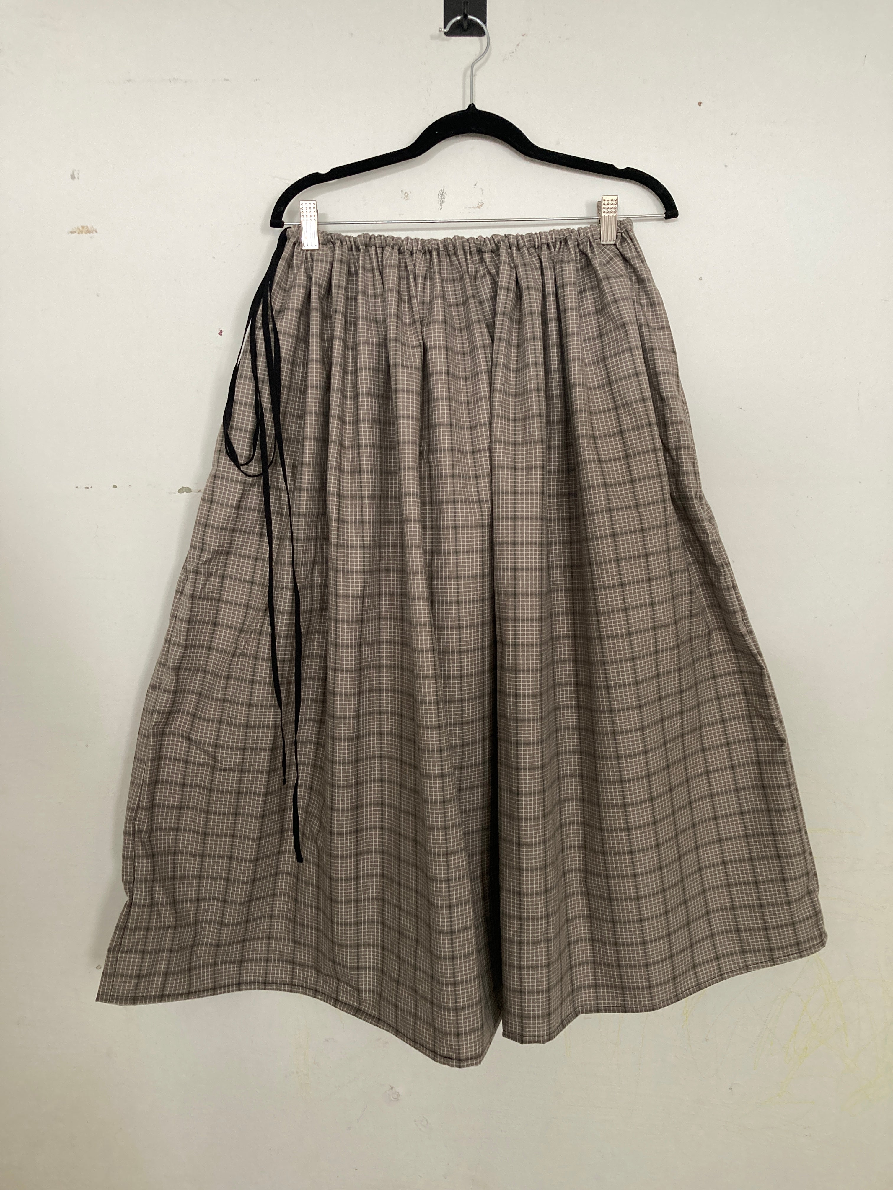 Drawstring Skirt, Cotton, Grey Plaid, with Pockets