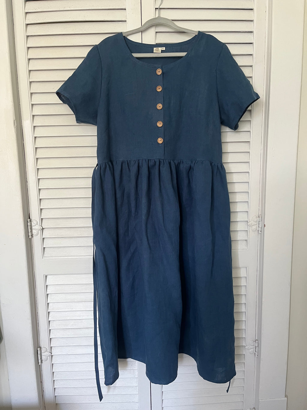 Village Dress, 100% Linen, Navy Blue, with Pockets