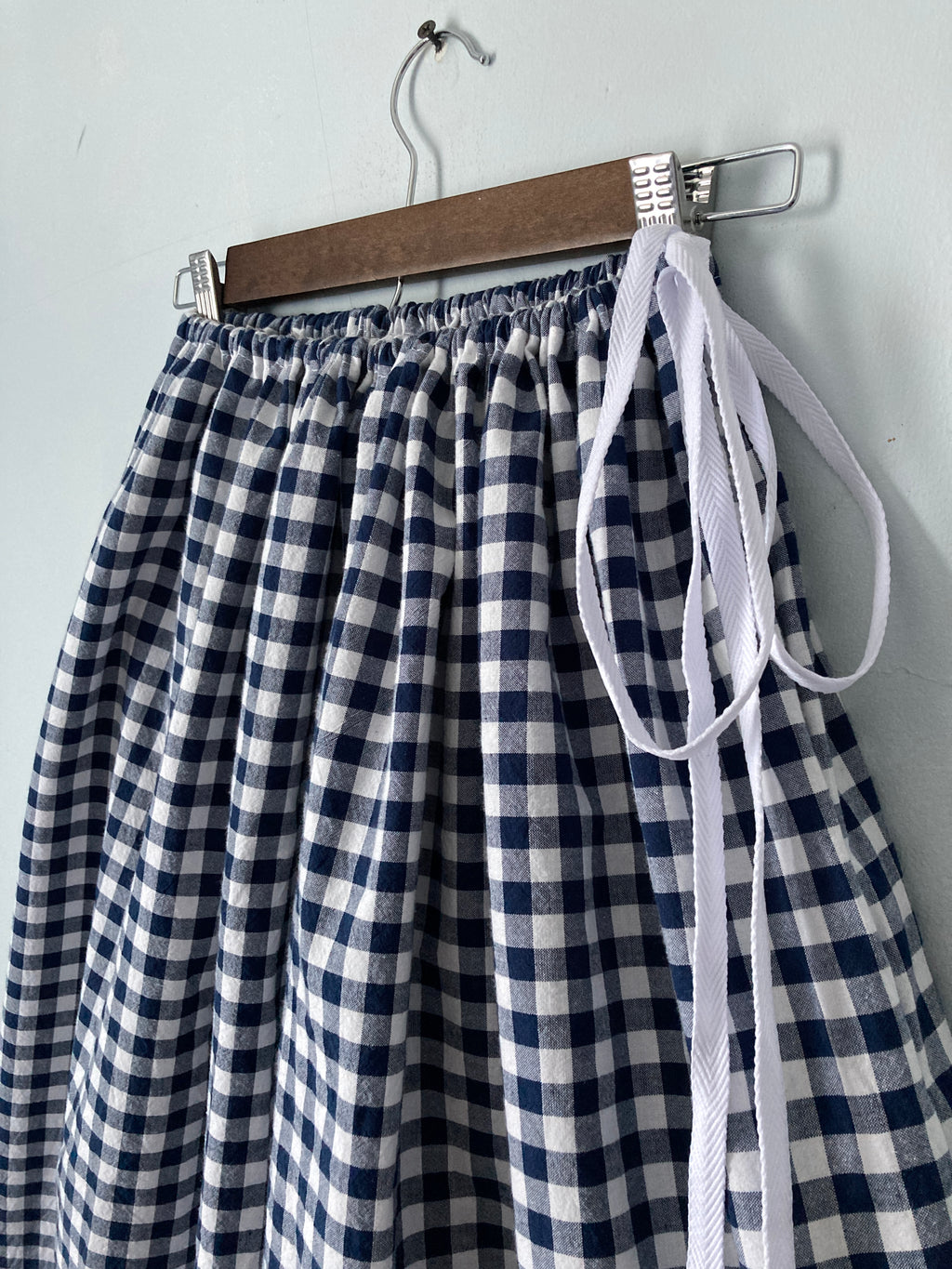 Drawstring Skirt, Homespun Cotton, Blue Gingham, with Pockets