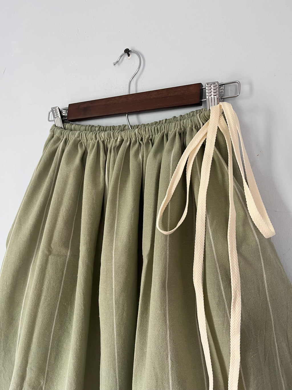 Drawstring Skirt, Homespun Cotton, Green Striped, with Pockets
