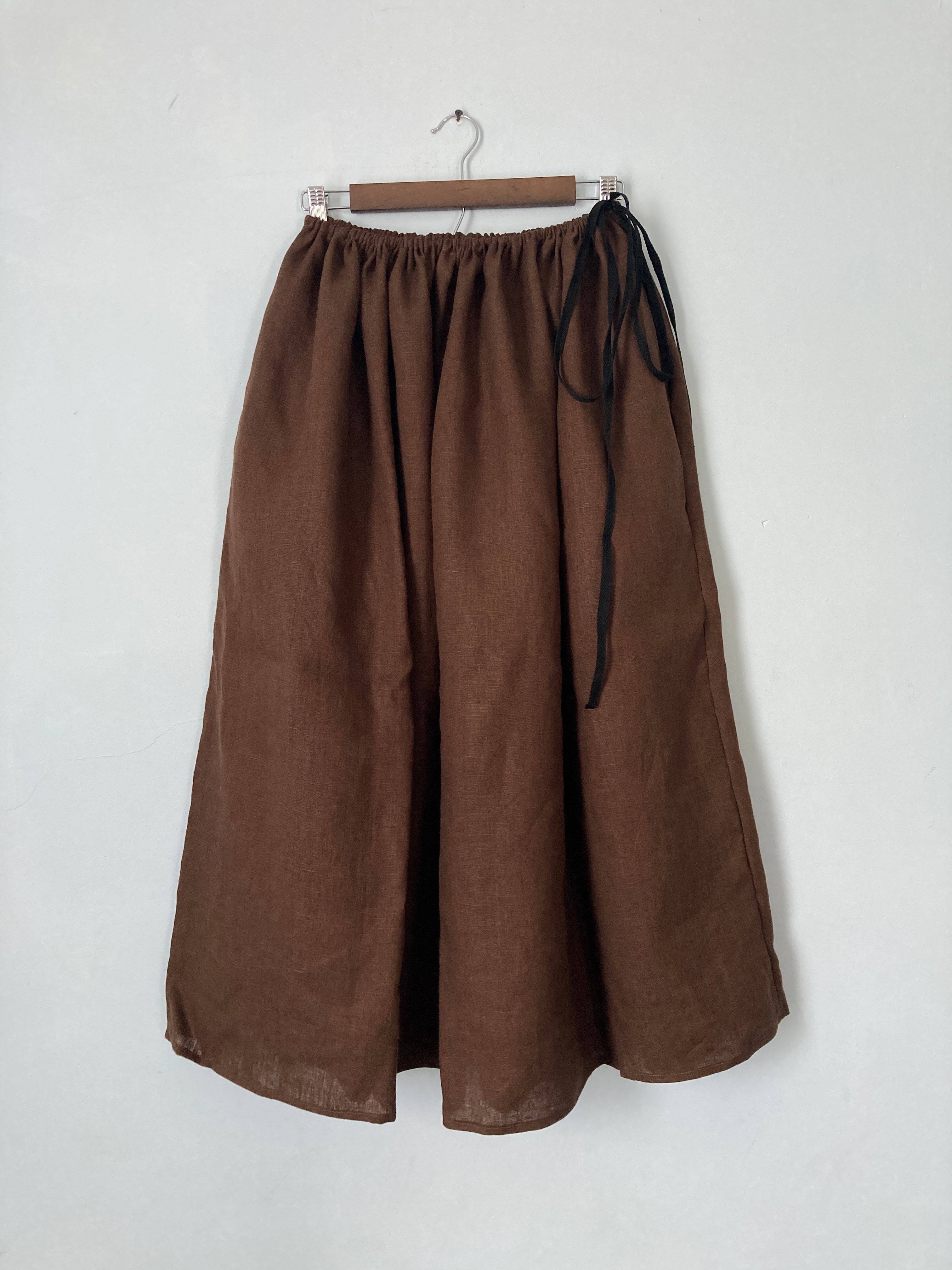 Drawstring Skirt, Linen, Chocolate Brown, with Pockets