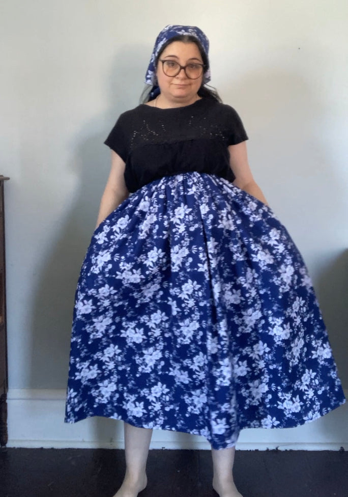 Drawstring Skirt, Cotton, Floral Blue, with Pockets