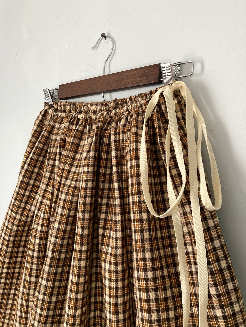 Drawstring Skirt, Homespun Cotton, Brown Plaid, with Pockets