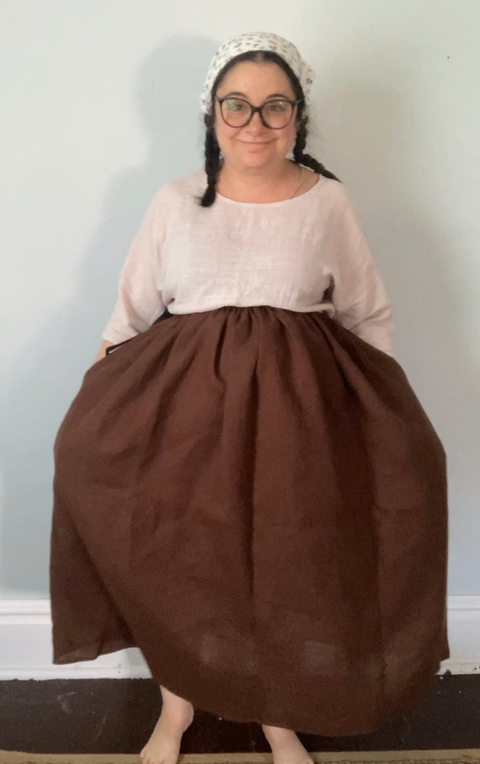 Drawstring Skirt, Linen, Chocolate Brown, with Pockets