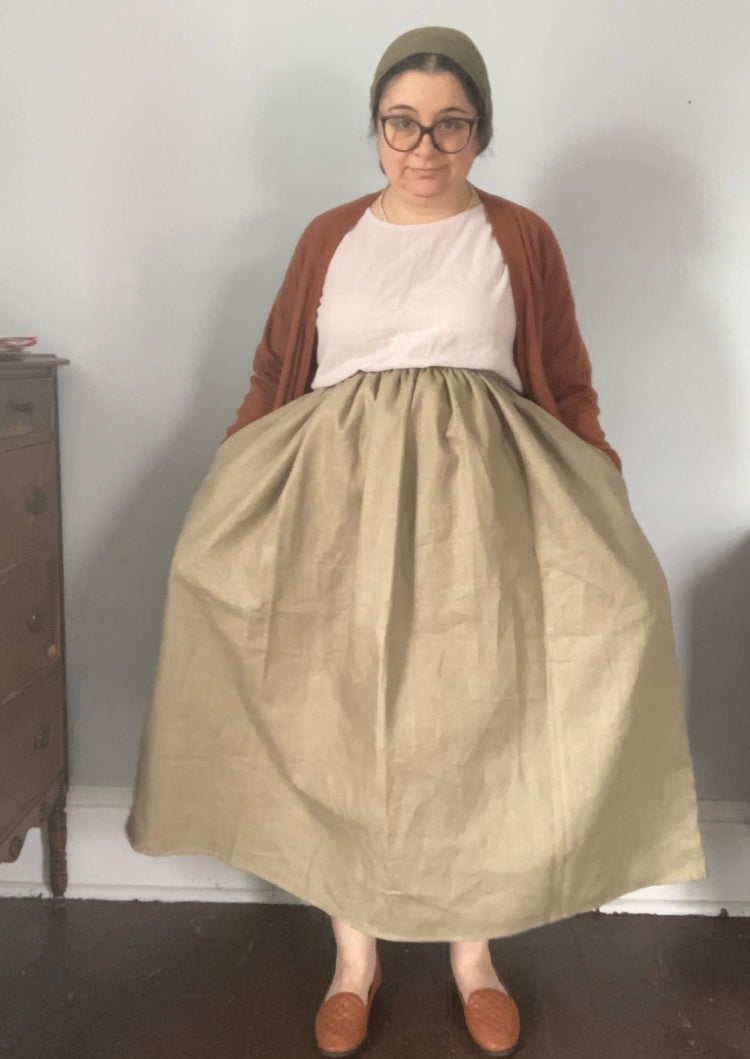 Drawstring Skirt, Linen, Olive Green, with Pockets