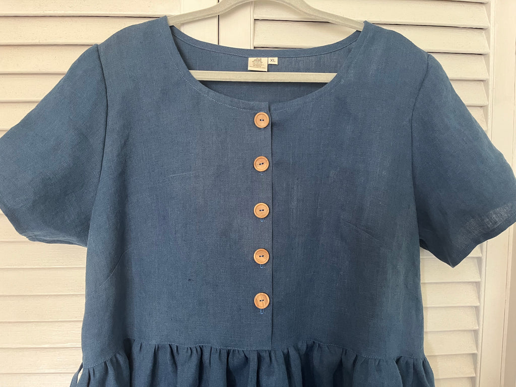 Village Dress, 100% Linen, Navy Blue, with Pockets