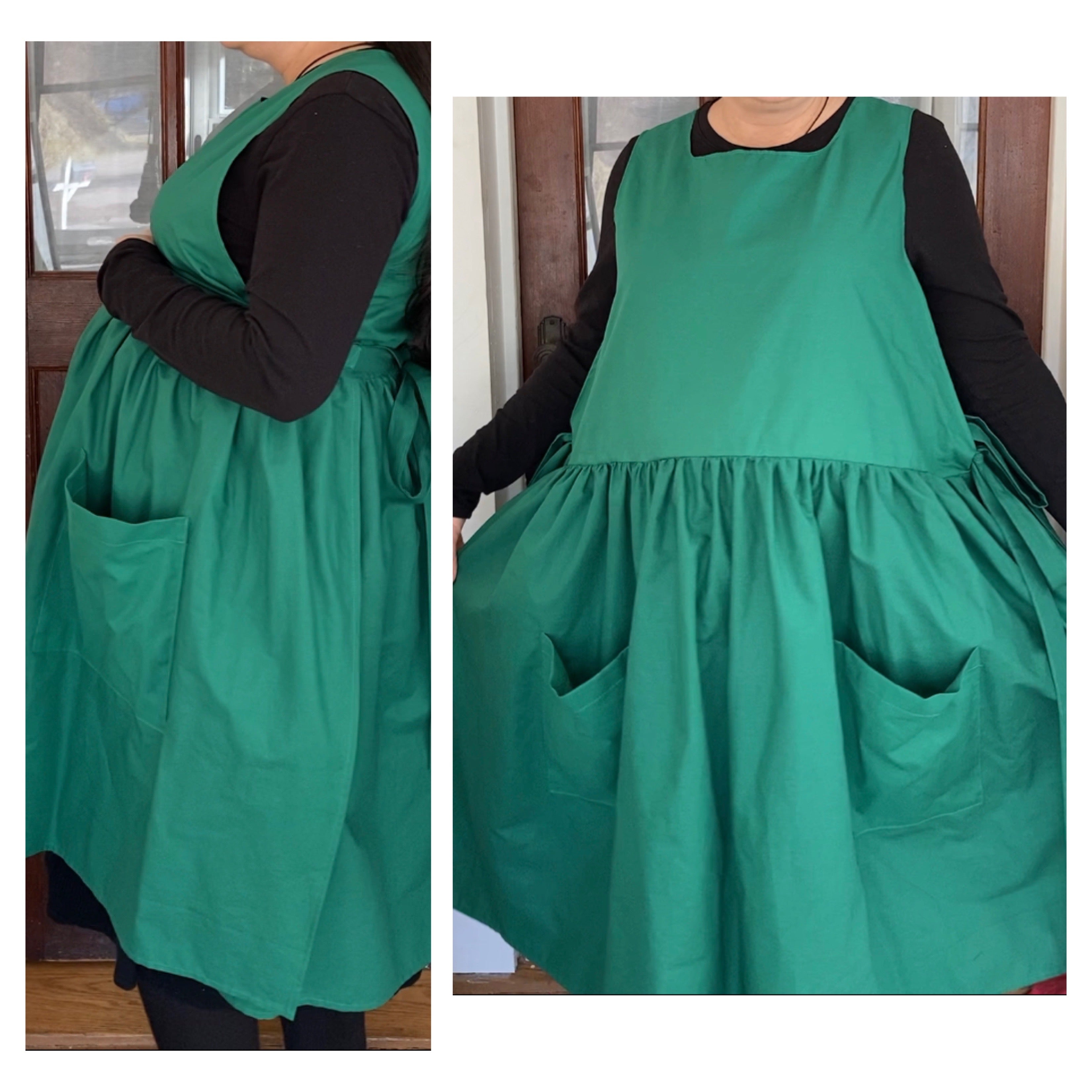 Green Apron Dress, Cotton with Pockets
