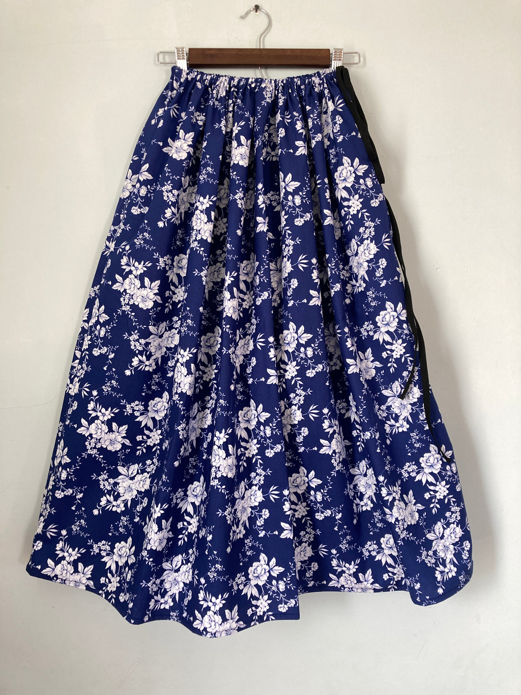 Drawstring Skirt, Cotton, Floral Blue, with Pockets