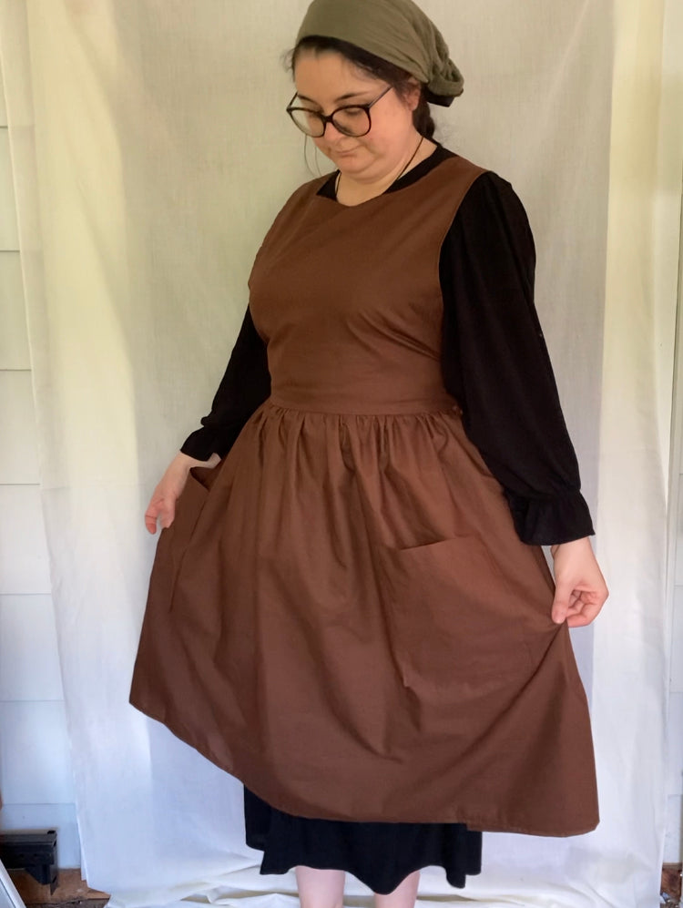 Brown Apron Dress, Cotton with Brown Pockets