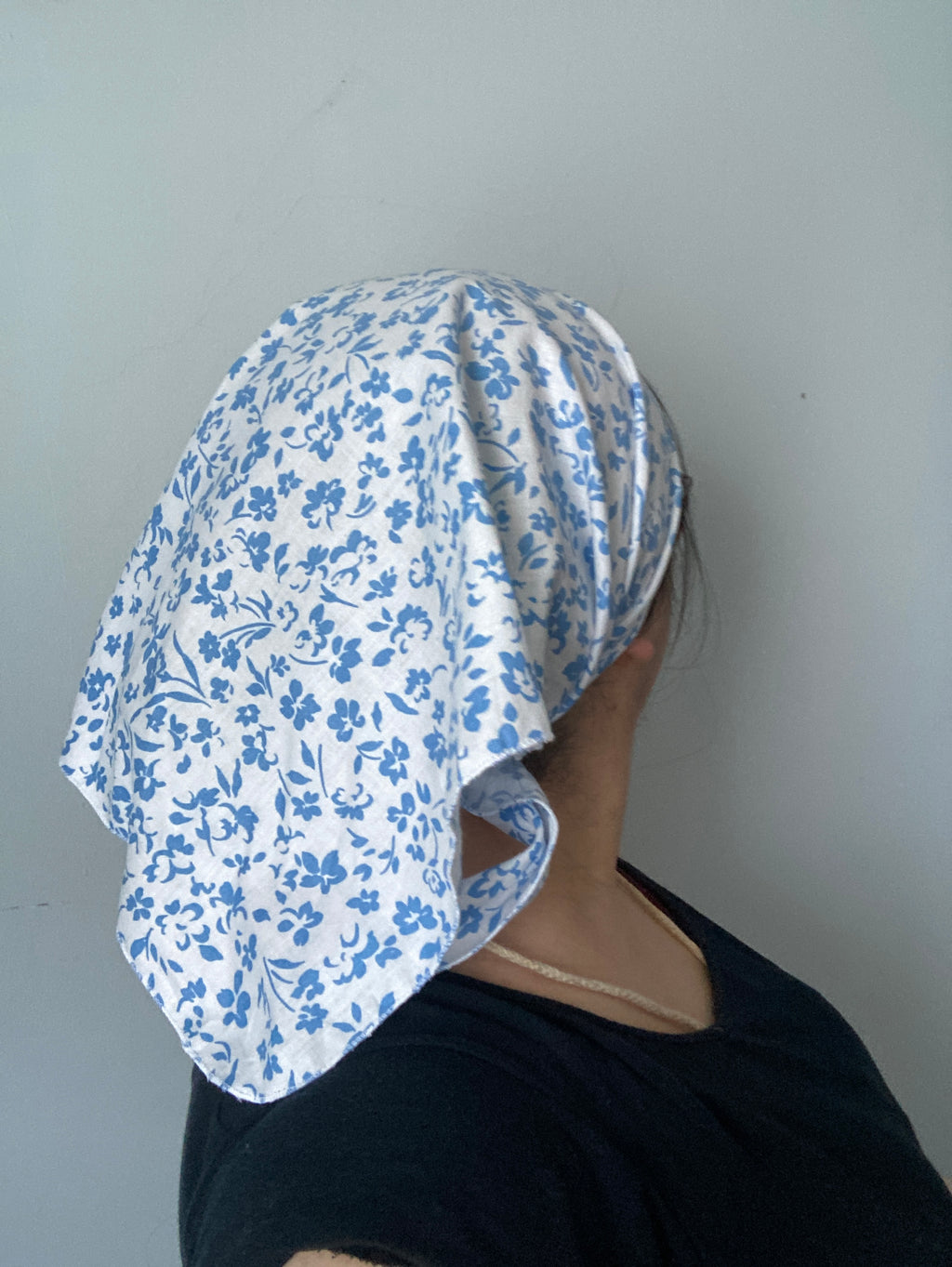 Cotton Headscarf, White and Blue Floral