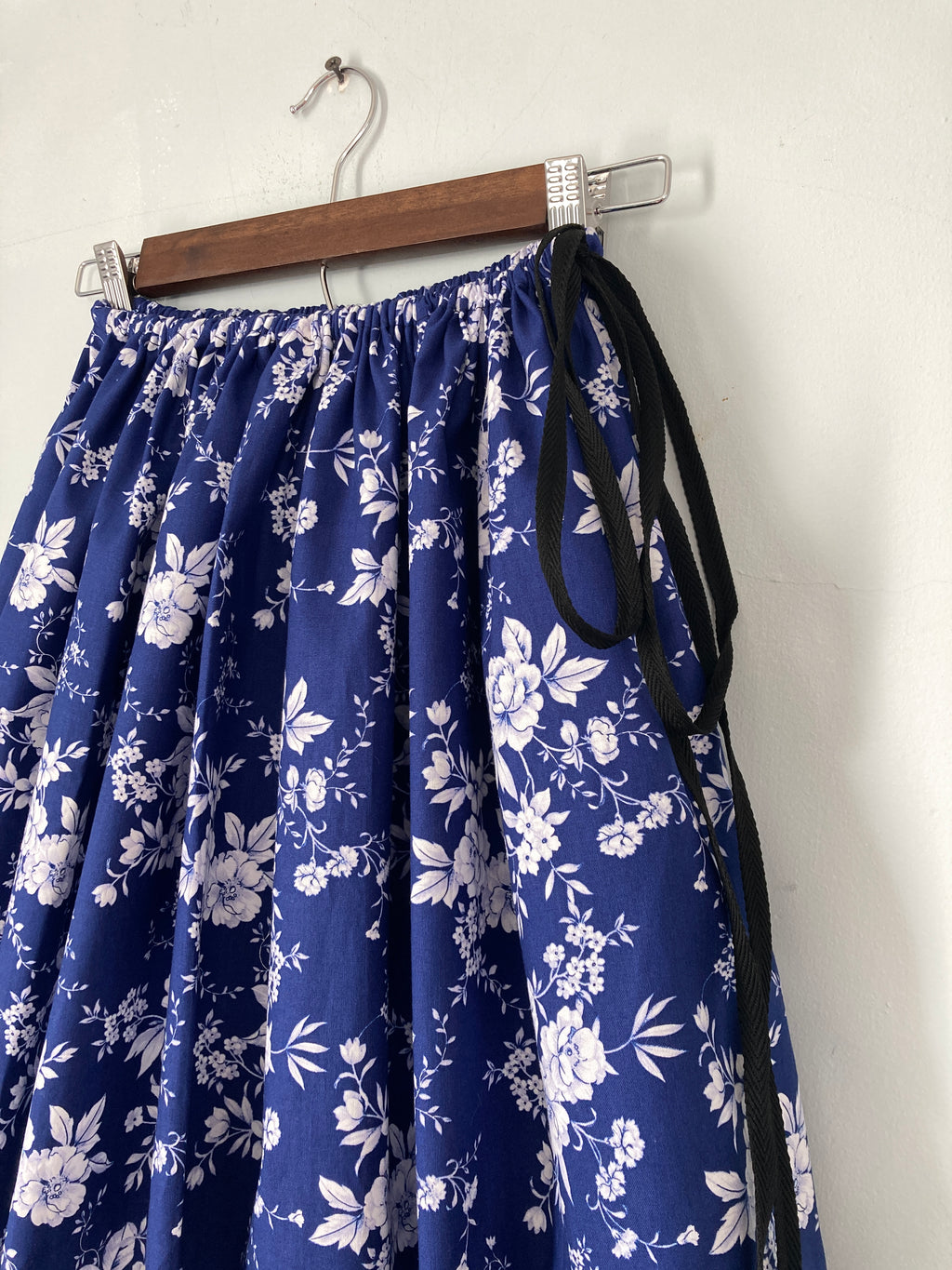 Drawstring Skirt, Cotton, Floral Blue, with Pockets