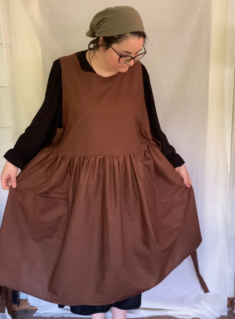 Brown Apron Dress, Cotton with Brown Pockets