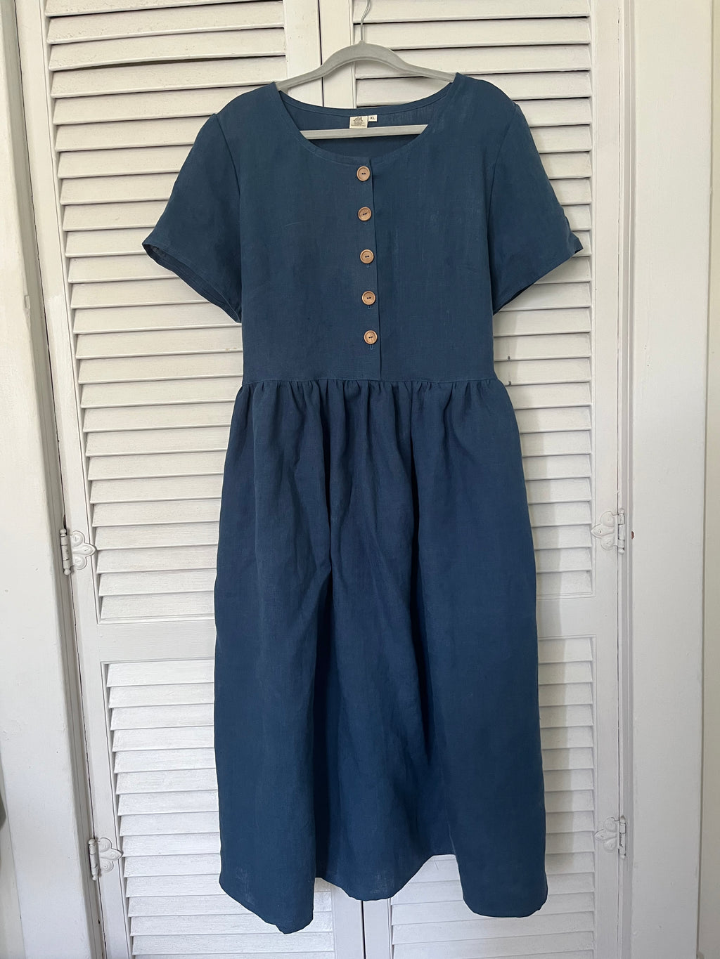 Village Dress, 100% Linen, Navy Blue, with Pockets