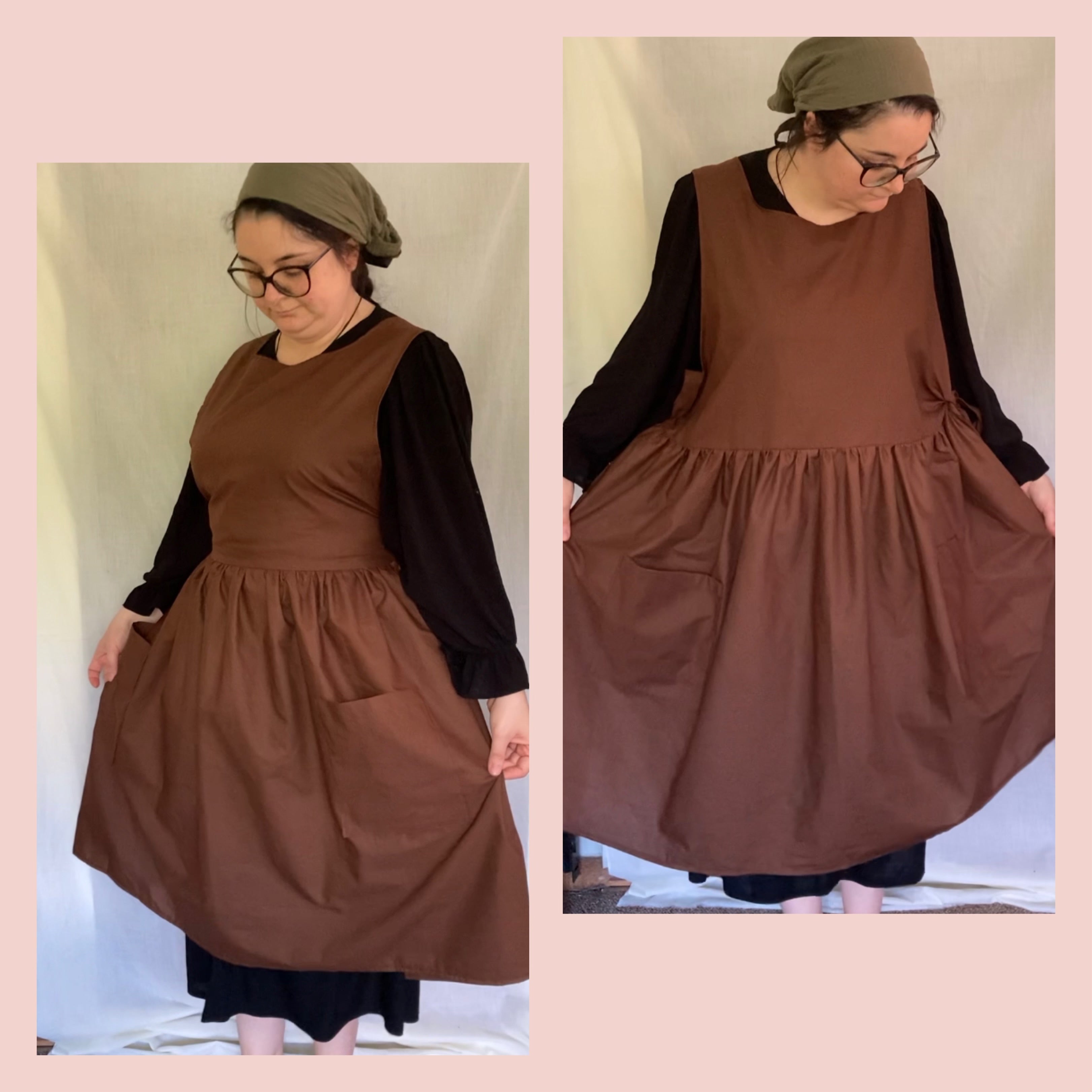 Brown Apron Dress, Cotton with Brown Pockets