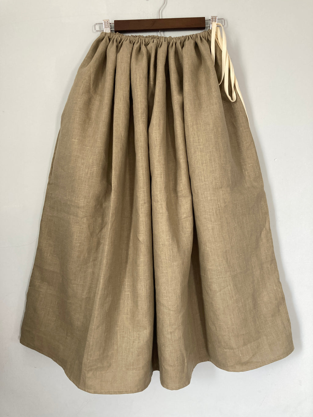Drawstring Skirt, Linen, Olive Green, with Pockets
