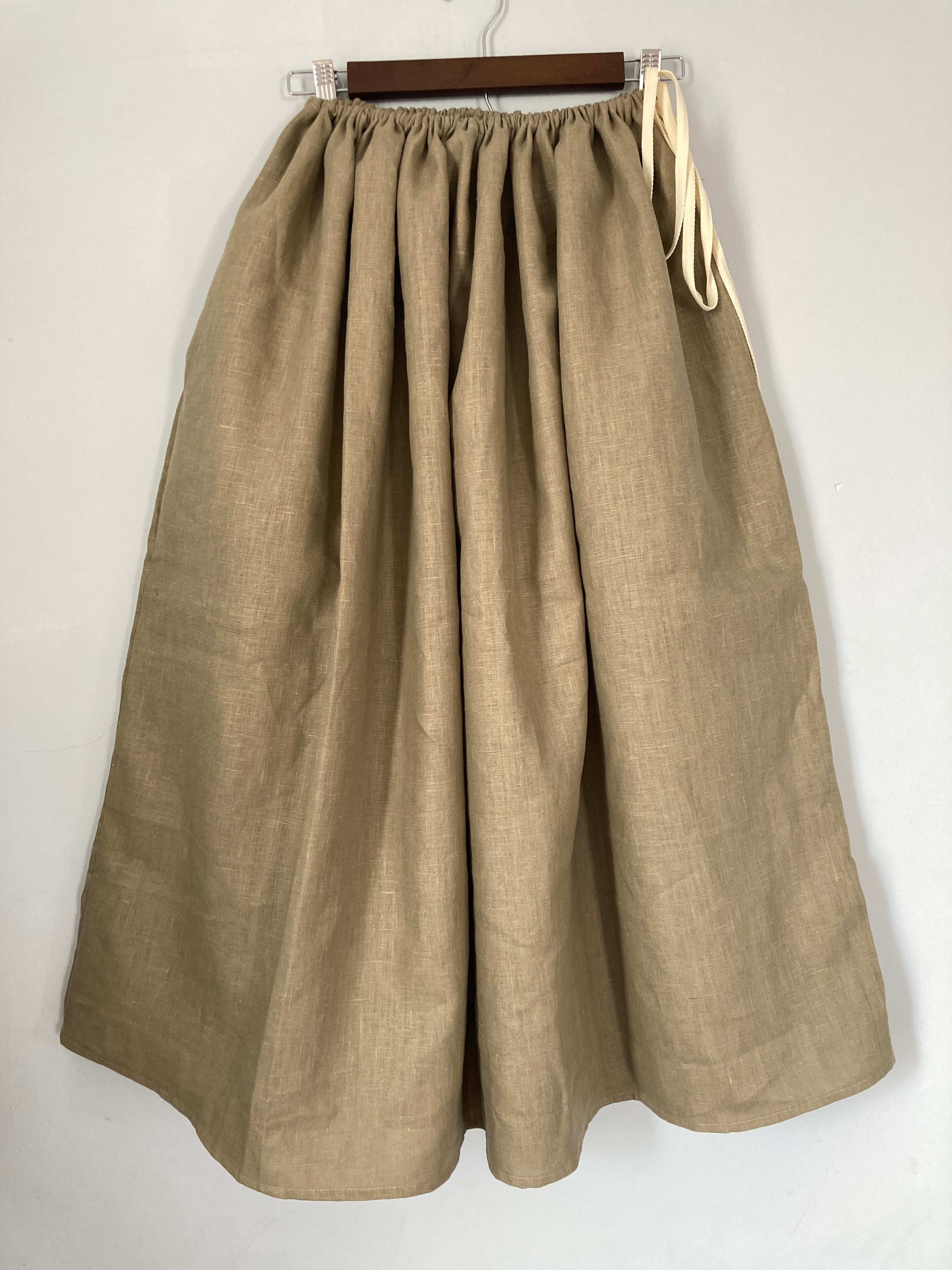 Drawstring Skirt, Linen, Olive Green, with Pockets