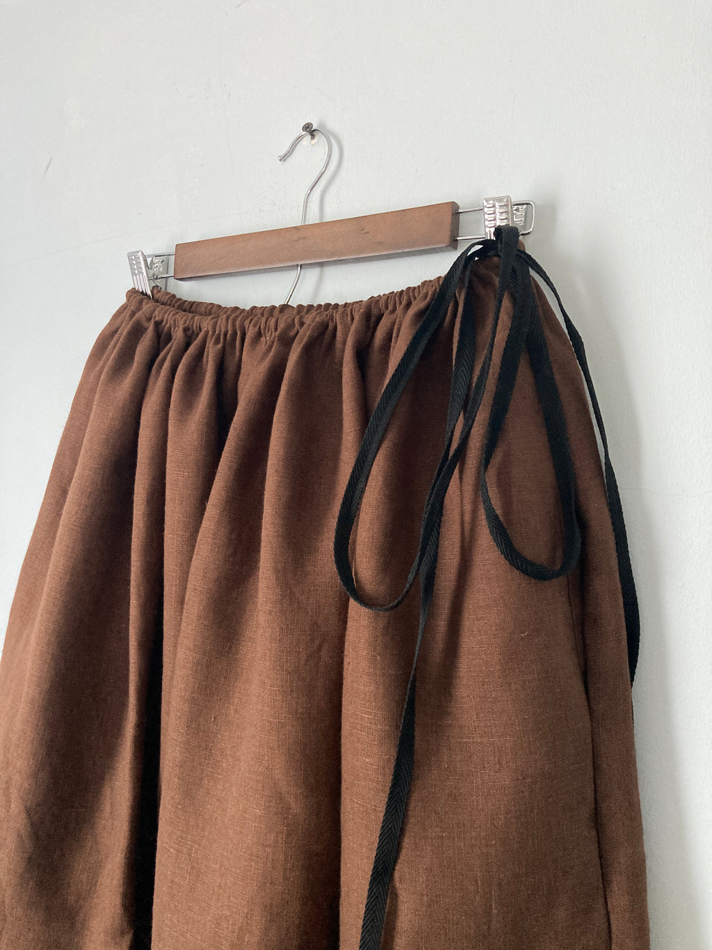 Drawstring Skirt, Linen, Chocolate Brown, with Pockets