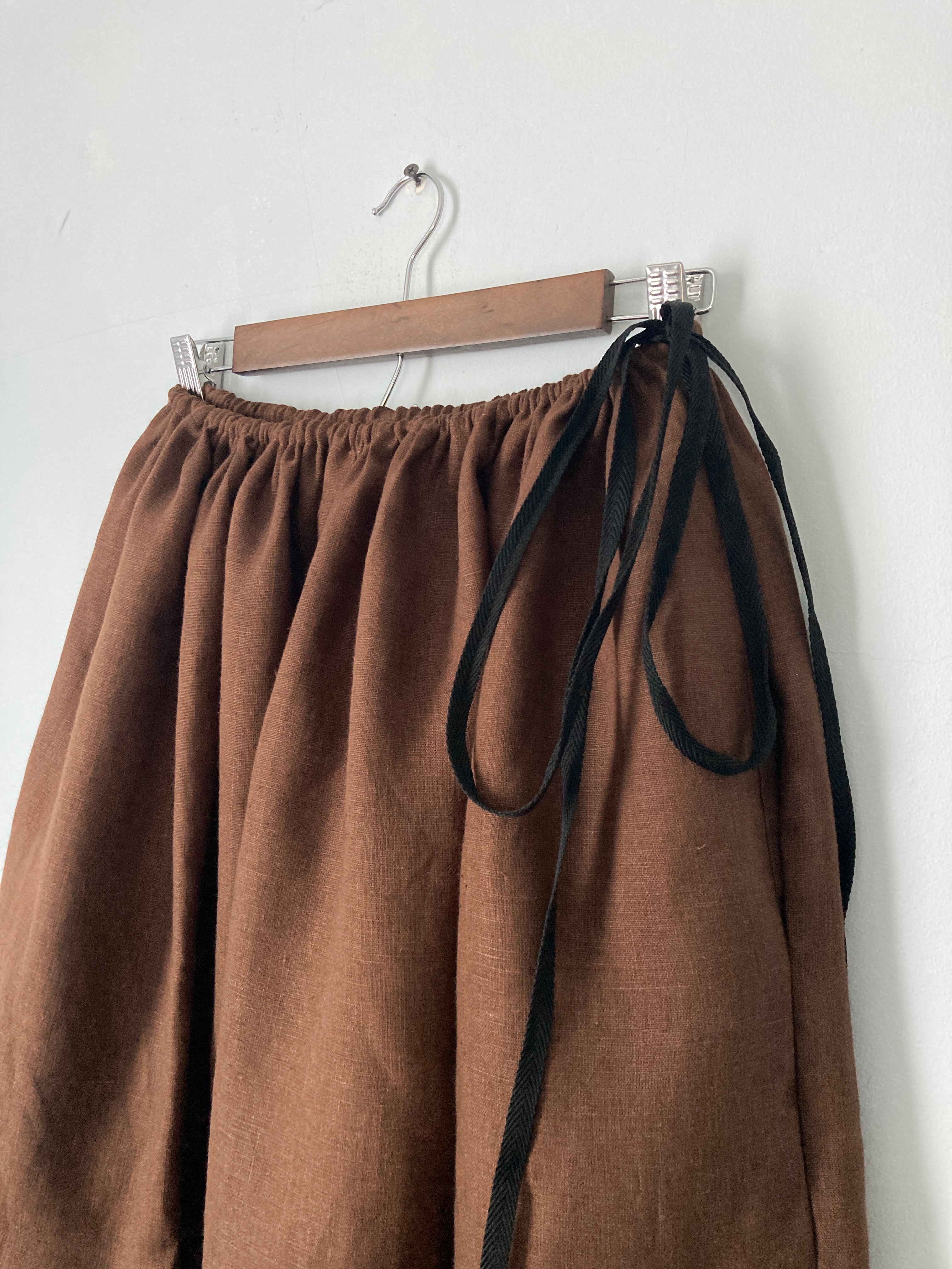 Drawstring Skirt, Linen, Chocolate Brown, with Pockets