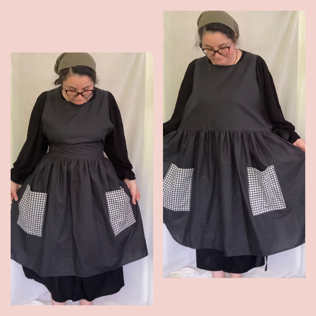 Black Apron Dress, Cotton with Pockets
