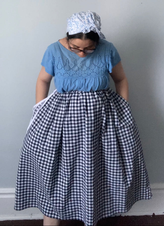 Drawstring Skirt, Homespun Cotton, Blue Gingham, with Pockets