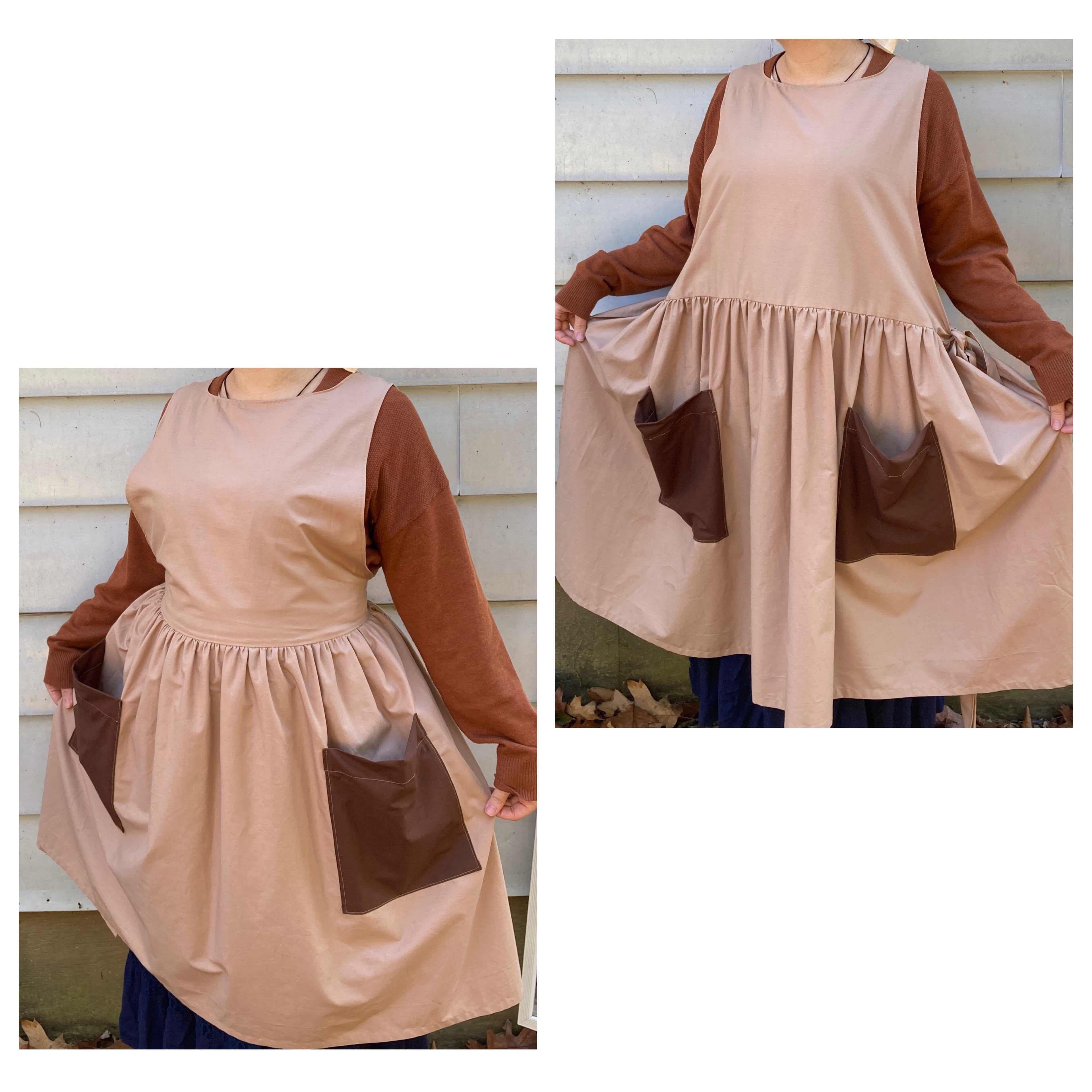 Tan Apron Dress, Cotton with Brown Pockets