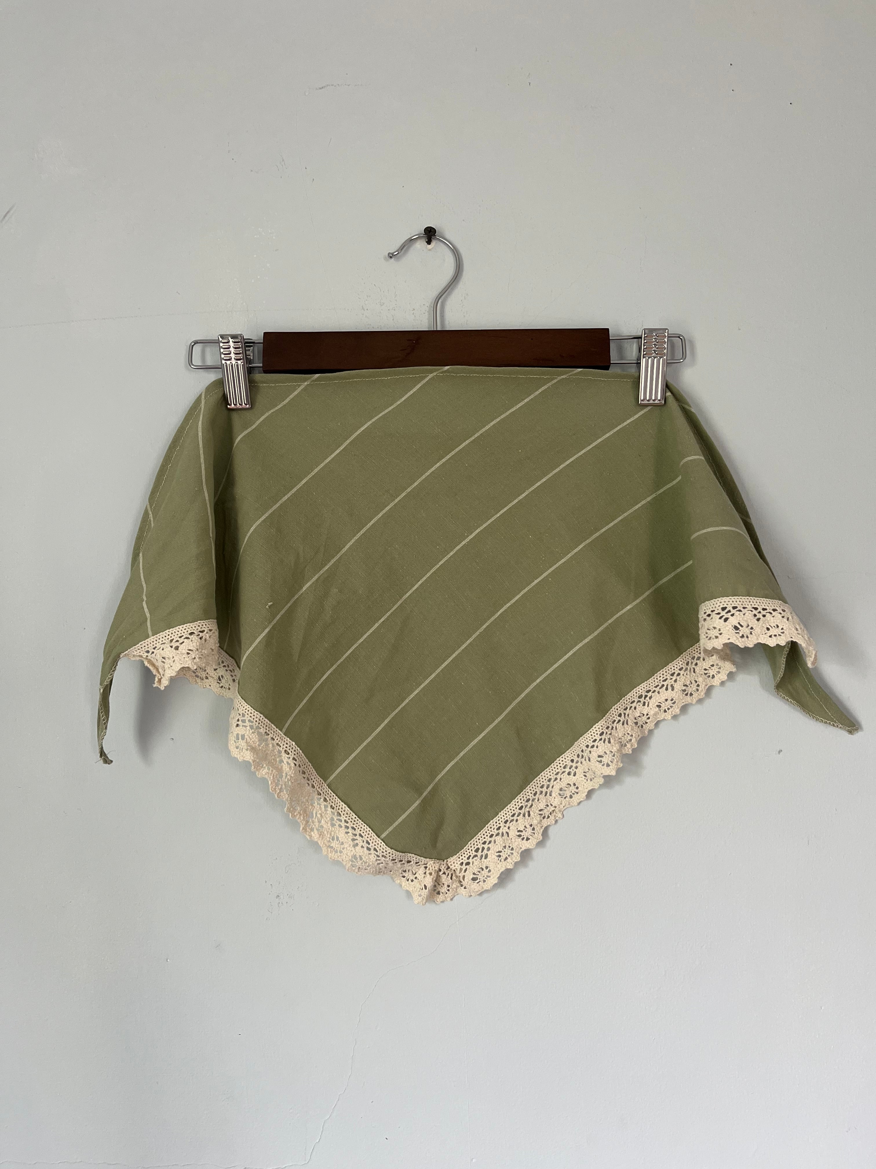 Cotton Headscarf, Green Cotton Striped, with Cotton Lace Trim