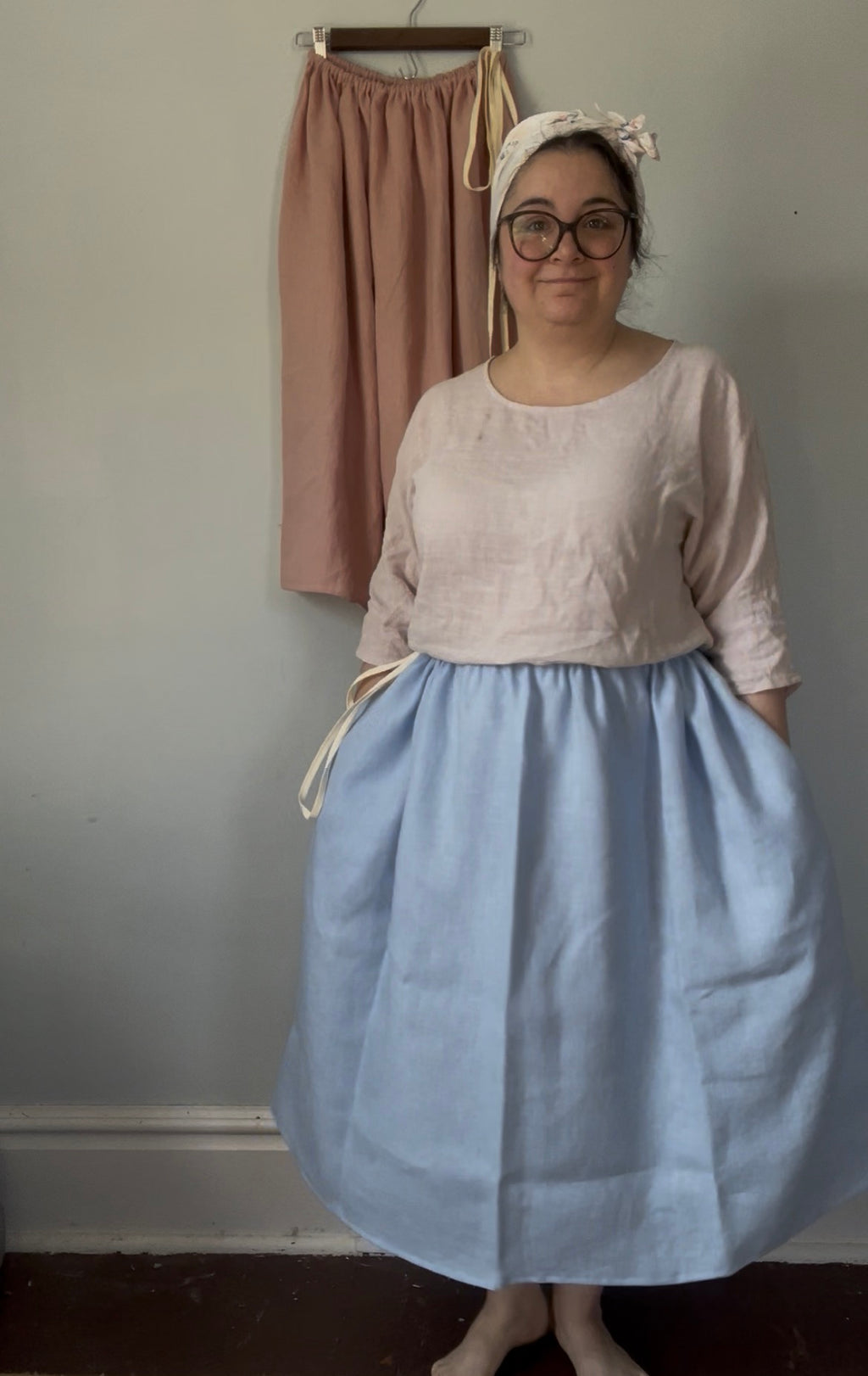Drawstring Skirt, Linen, Light Blue, with Pockets