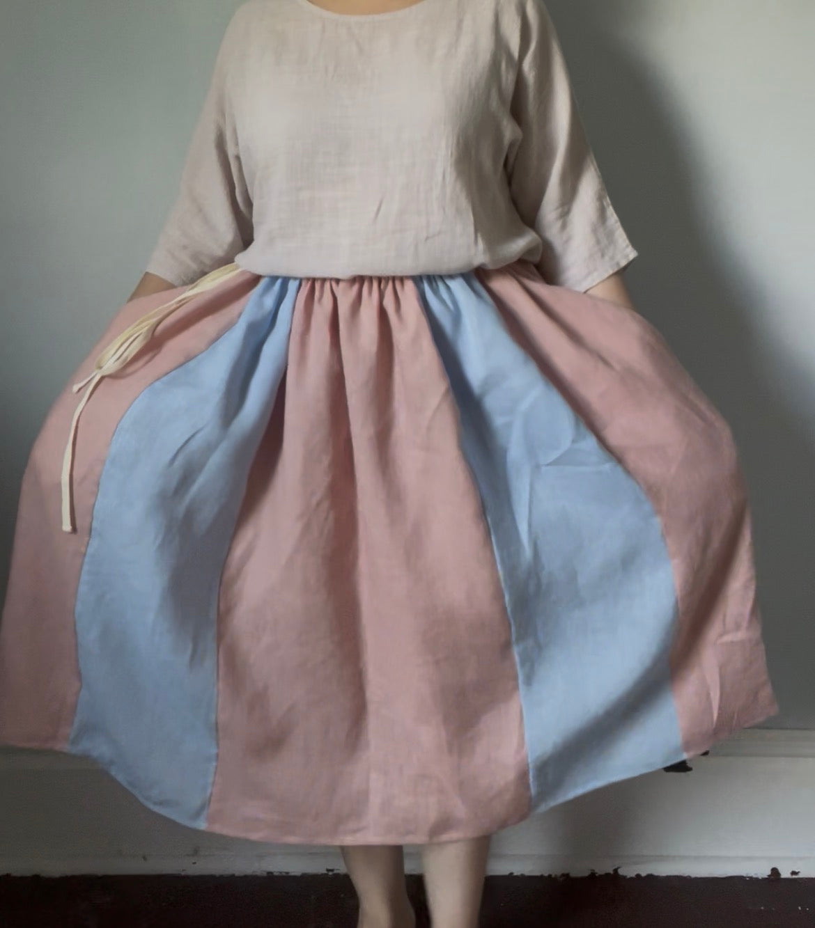 Drawstring Skirt, Linen, Pink and Blue Panel, with Pockets (Copy)