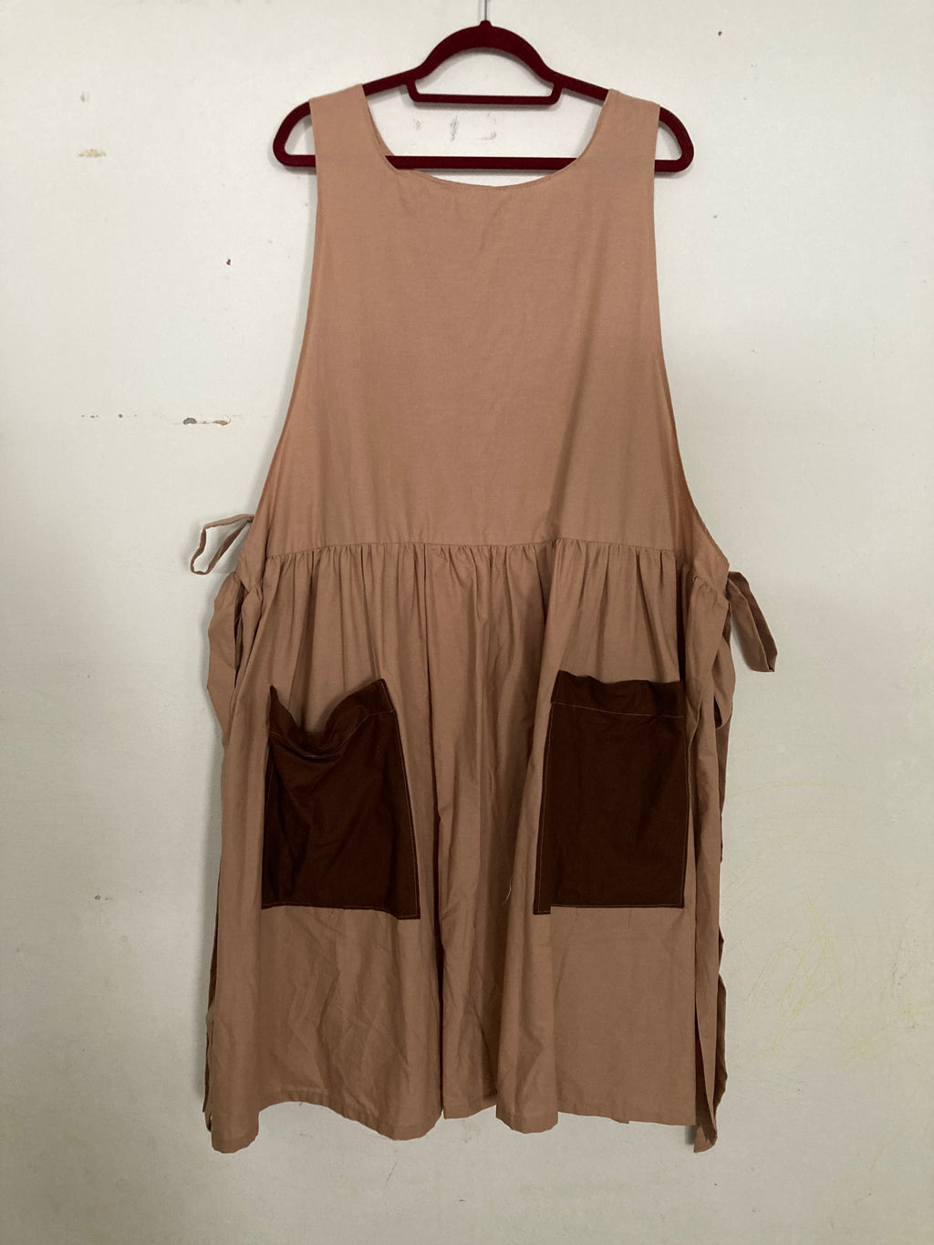 Tan Apron Dress, Cotton with Brown Pockets
