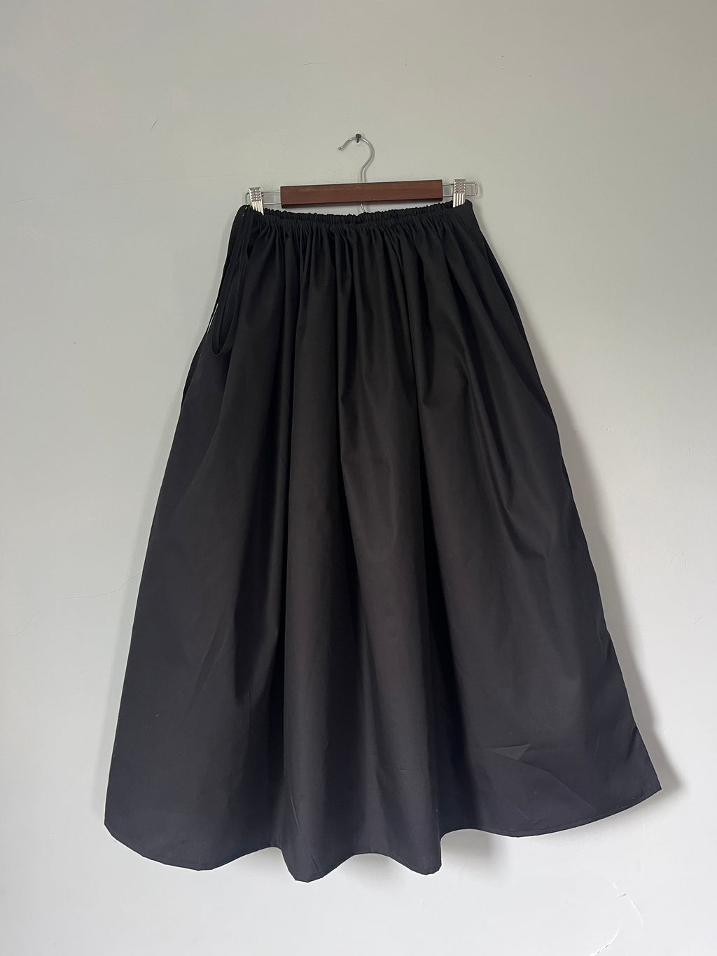 Drawstring Skirt, Cotton, Black, with Pockets