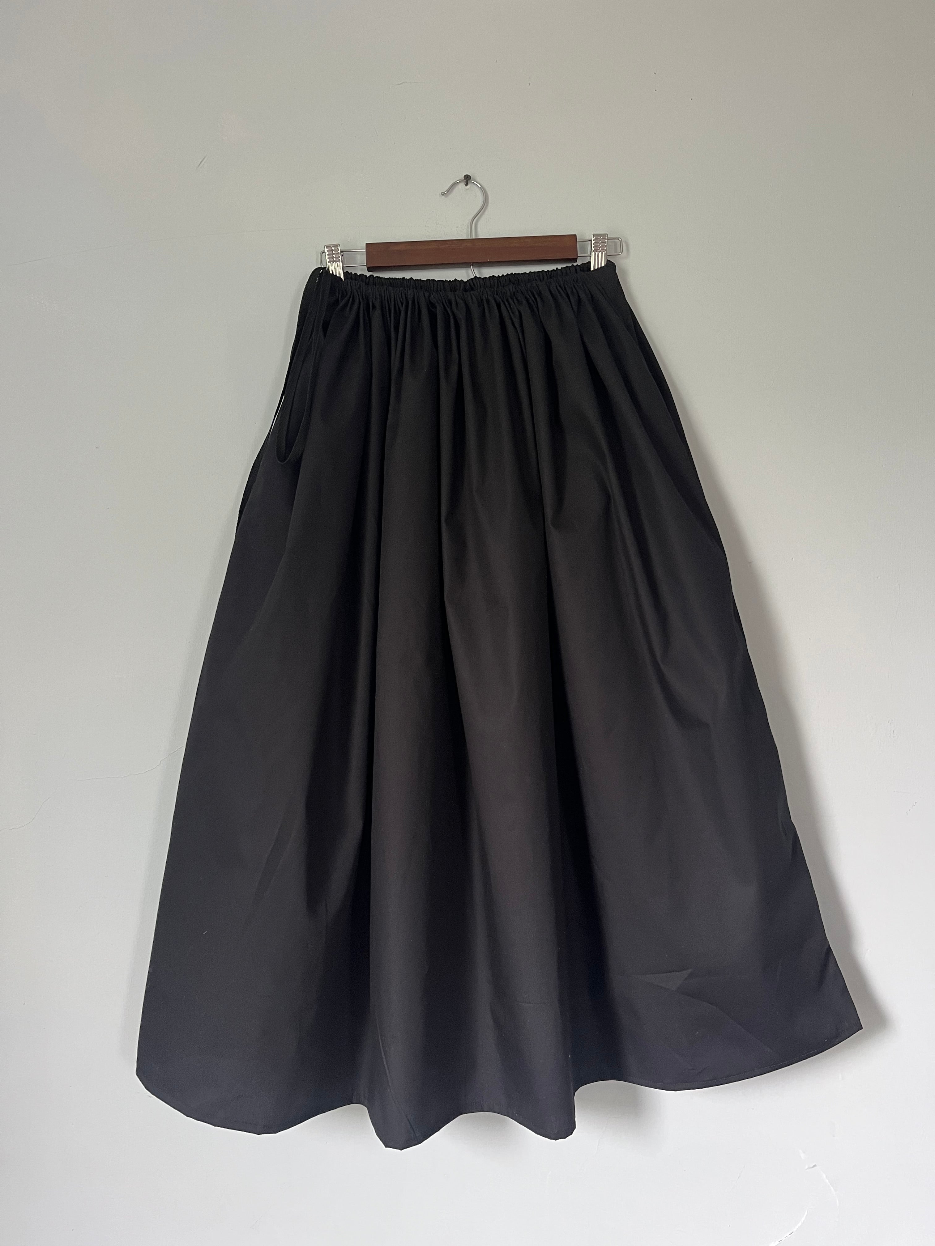 Drawstring Skirt, Cotton, Black, with Pockets
