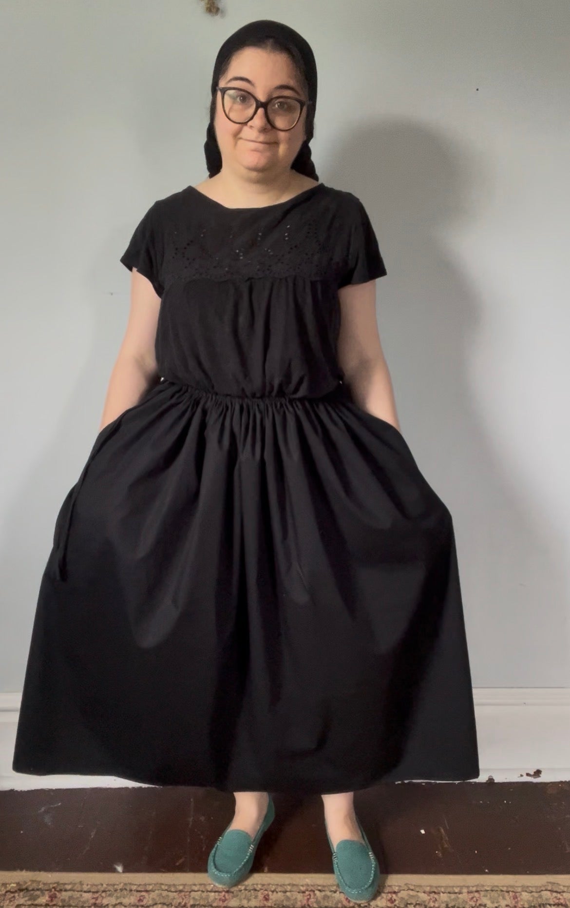 Drawstring Skirt, Cotton, Black, with Pockets