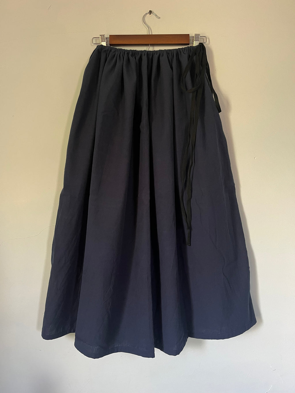 Drawstring Skirt, Homespun Cotton, Navy Blue, with Pockets