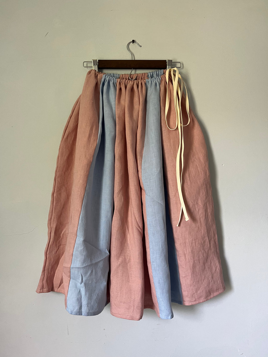 Drawstring Skirt, Linen, Pink and Blue Panel, with Pockets (Copy)