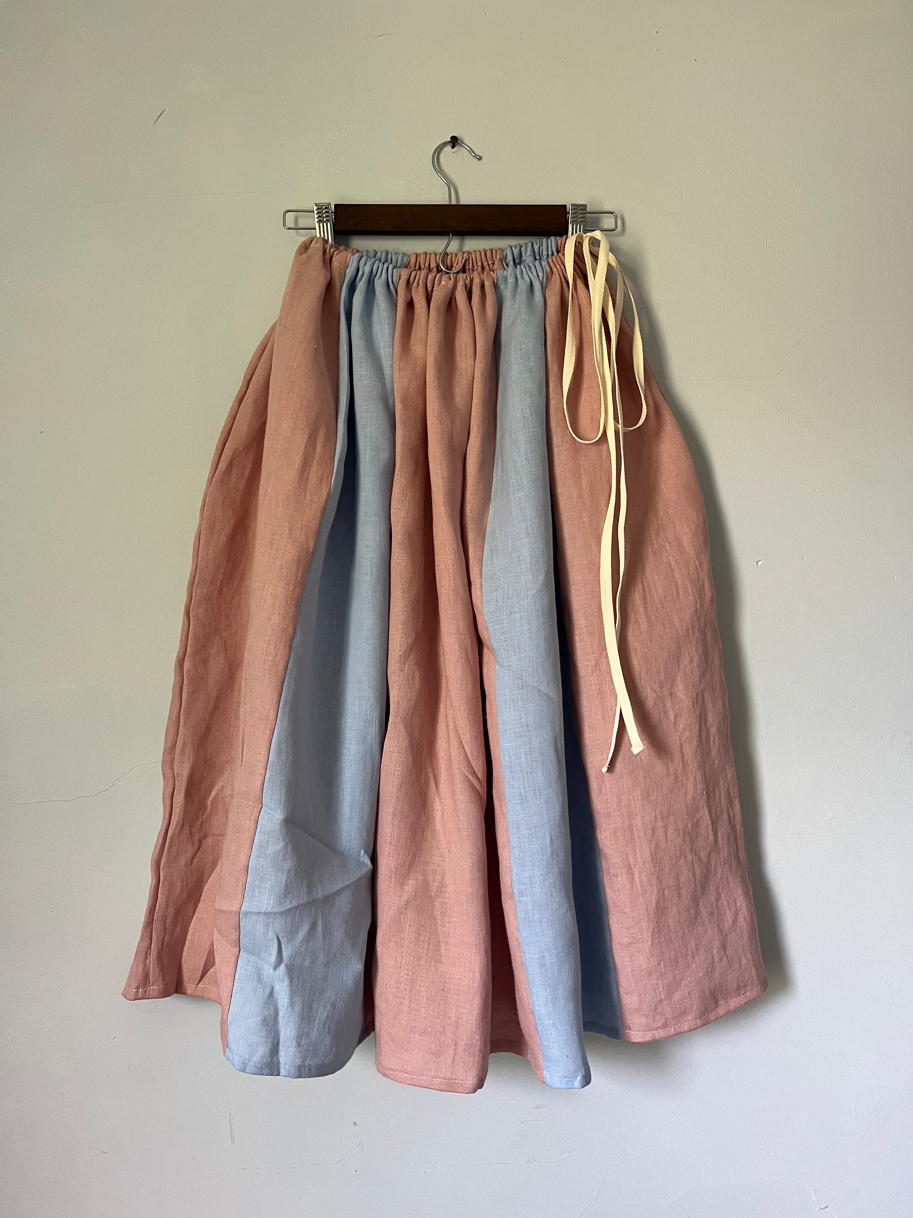 Drawstring Skirt, Linen, Pink and Blue Panel, with Pockets (Copy)