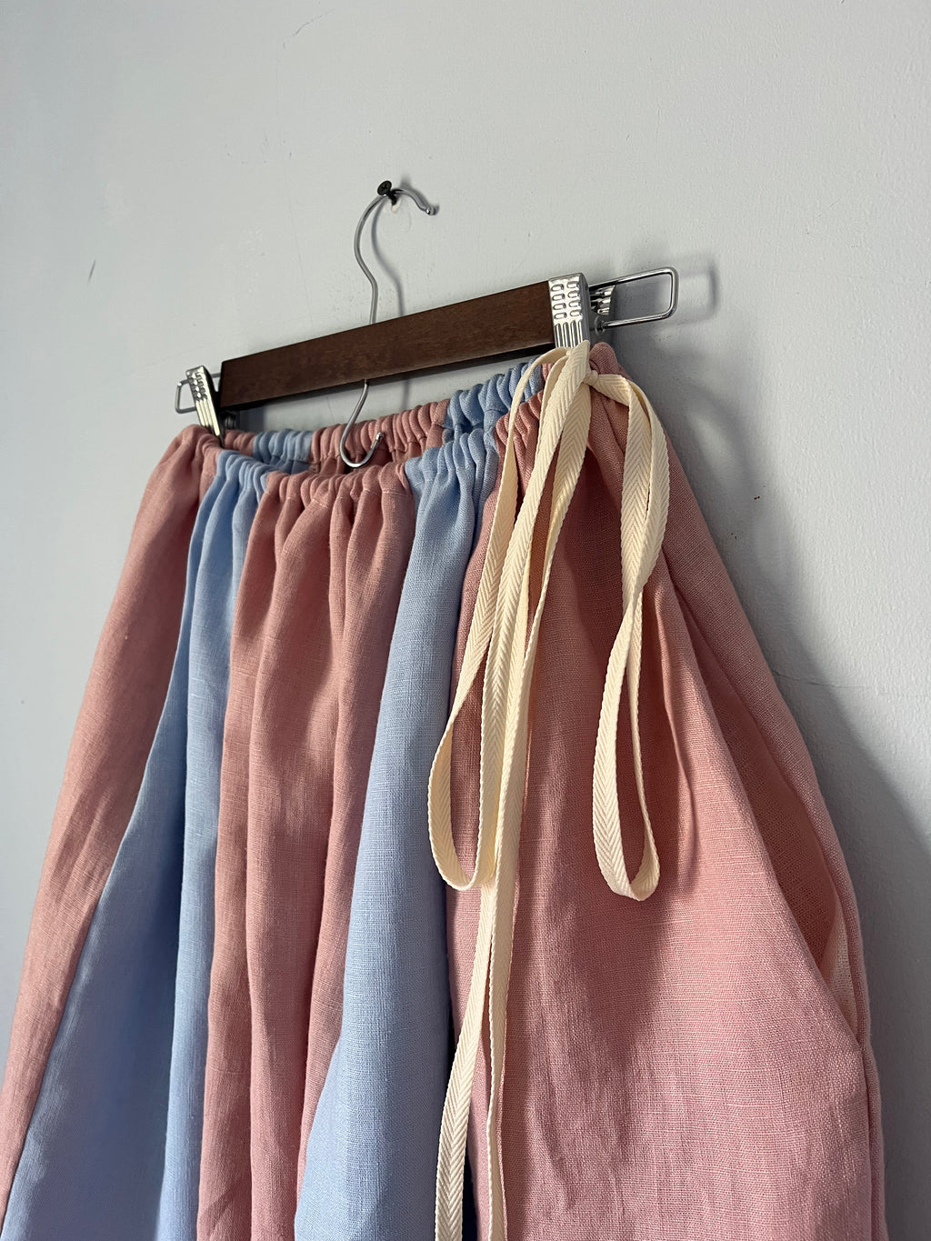 Drawstring Skirt, Linen, Pink and Blue Panel, with Pockets (Copy)