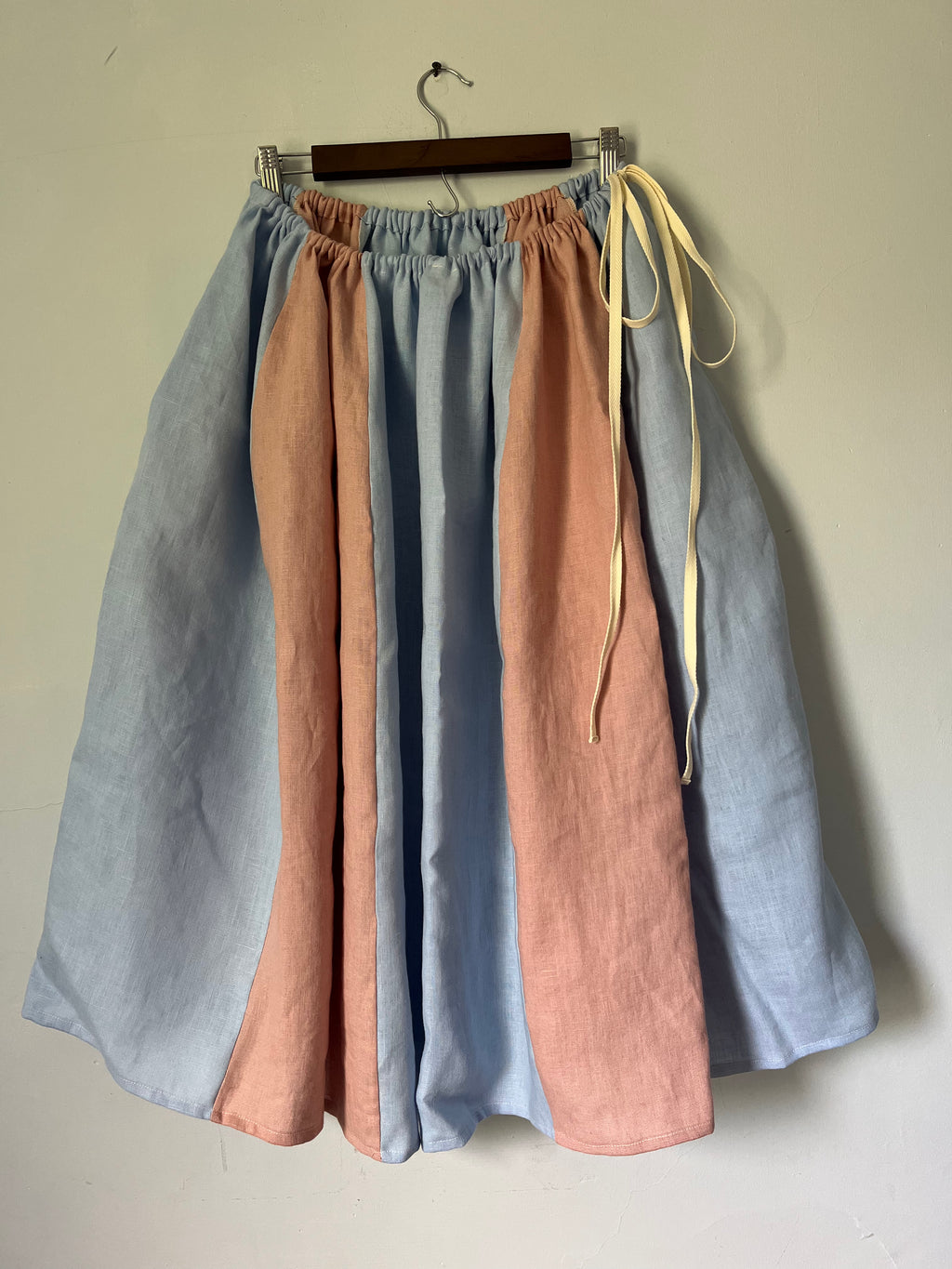 Drawstring Skirt, Linen, Blue and Pink Panel, with Pockets